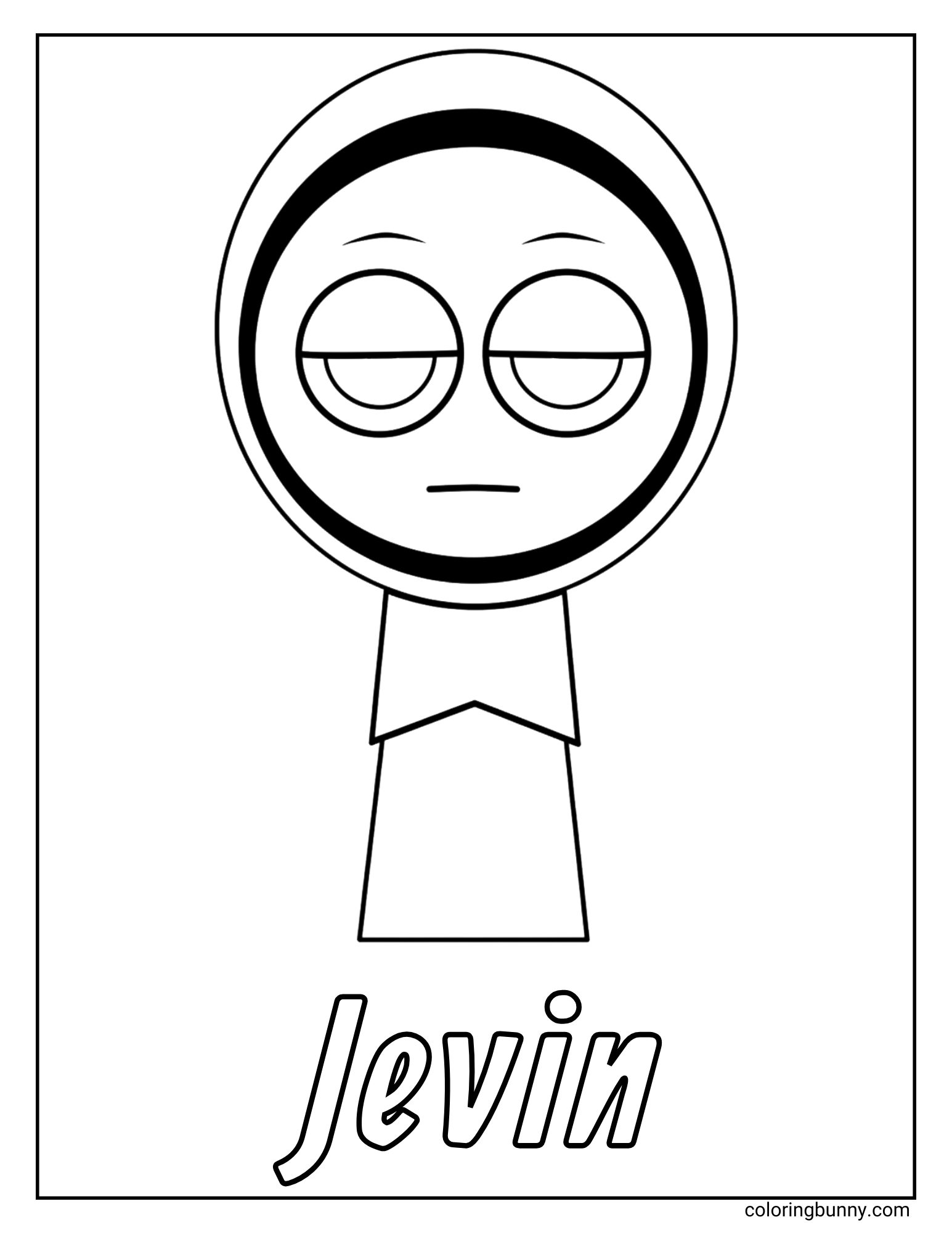 A simple coloring page of the Sprunki character named Jevin. Jevin is a cartoon figure in a hood with a very bored, annoyed, or unimpressed expression on his face, as if he is rolling his eyes. His name is written at the bottom.