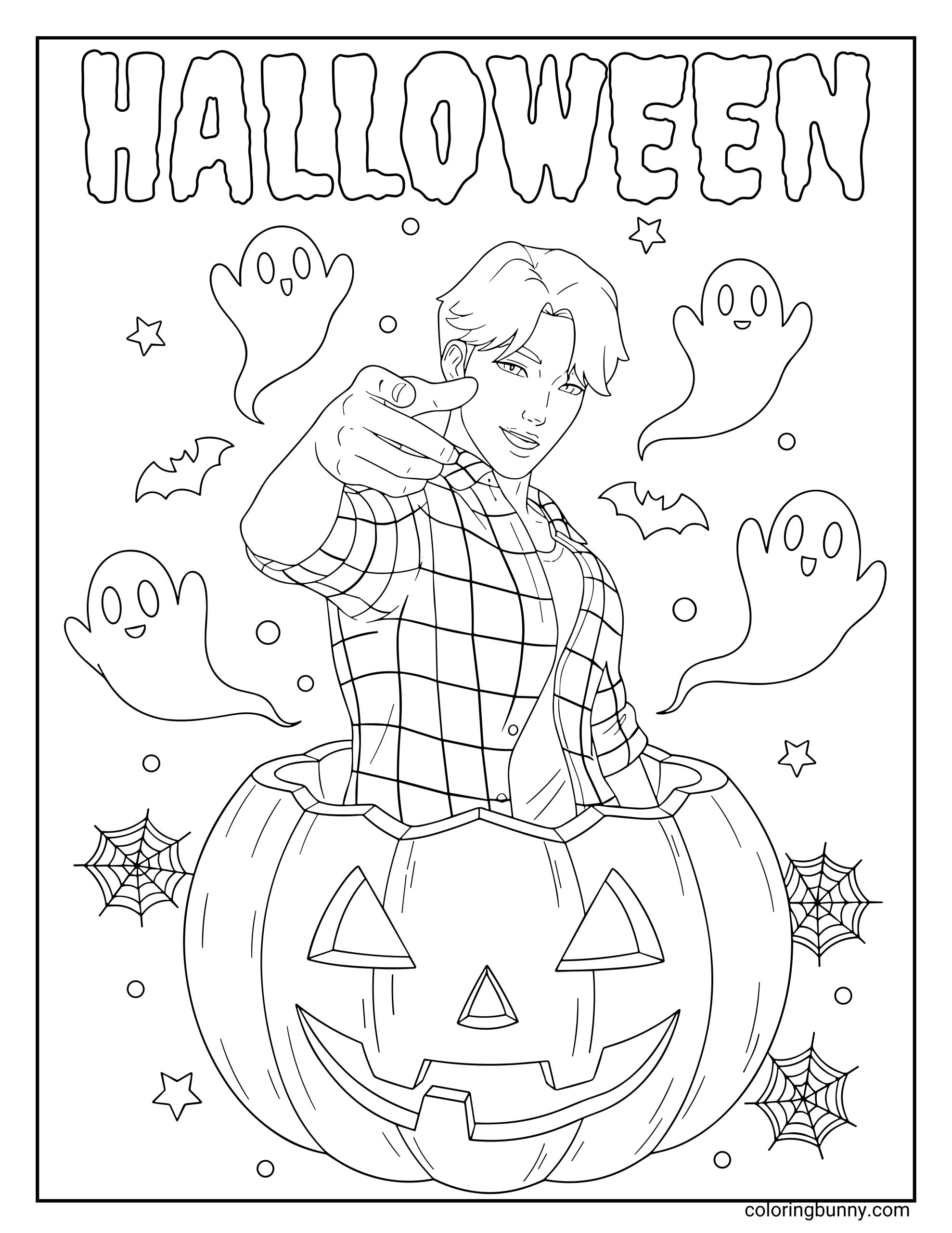 Coloring page of Jinu from KPop: Demon Hunters popping out of a jack-o’-lantern surrounded by cute ghosts, bats, stars, and spiderwebs, with the word “HALLOWEEN” written above in spooky bubble letters.
