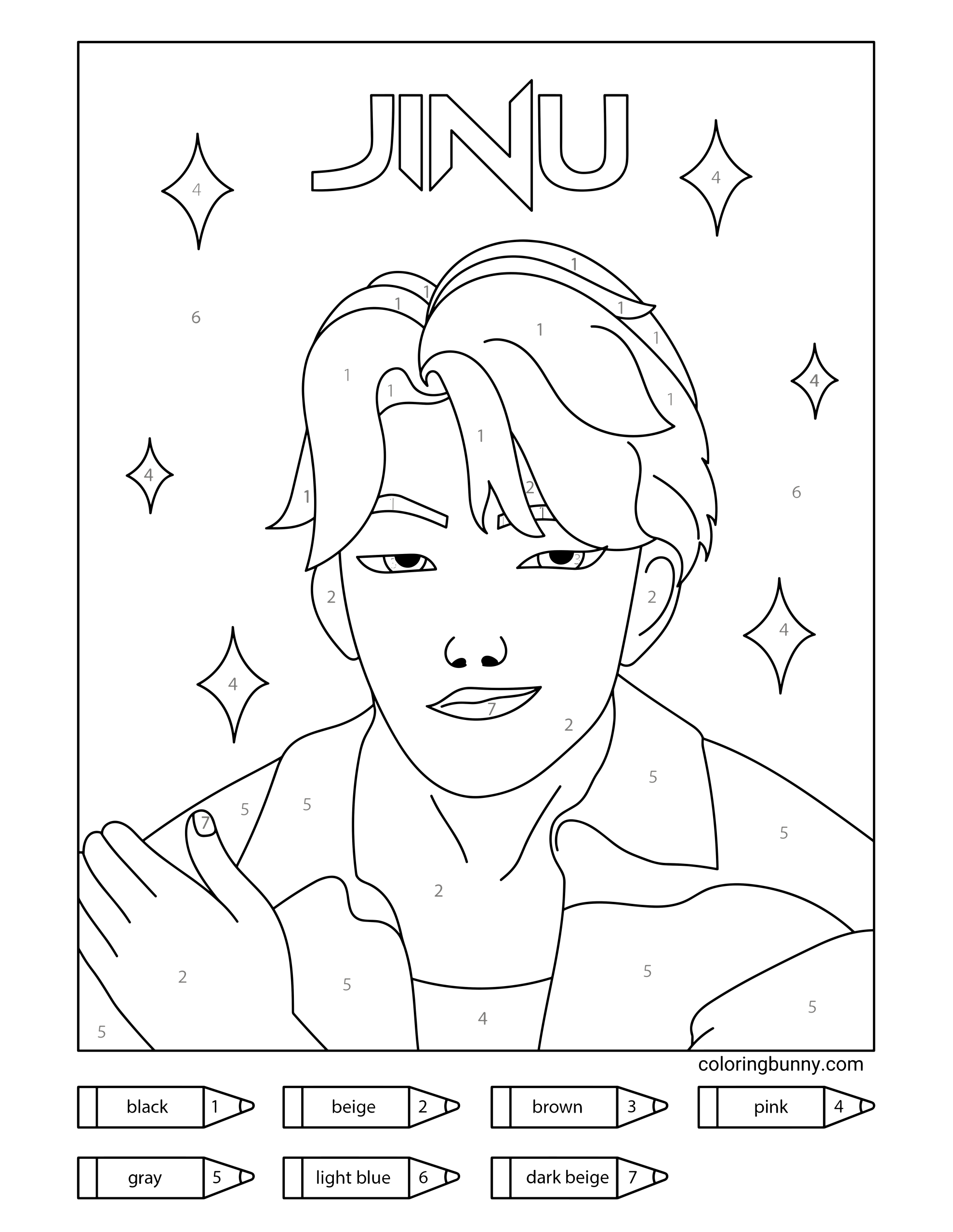 Jinu color-by-number page from KPop Demon Hunters, featuring stylish swept hair and a cool, calm pose. The background includes shining star shapes and a numbered color palette with tones like beige, gray, and light blue.