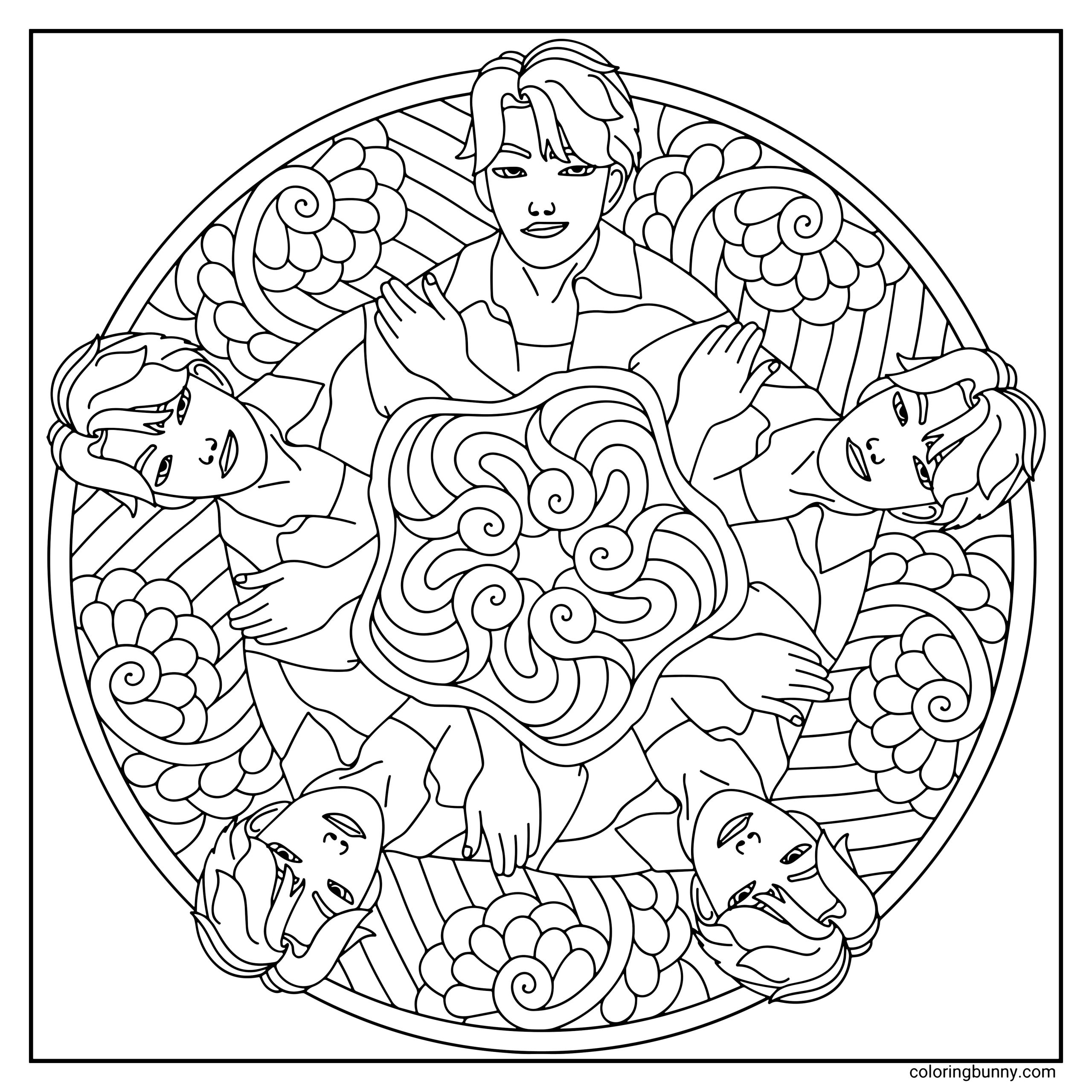 A detailed KPop Demon Hunters mandala featuring Jinu repeated in a circular pattern. Each Jinu pose is arranged symmetrically around a swirling floral center, surrounded by layered petal shapes, curved lines, and decorative patterns.
