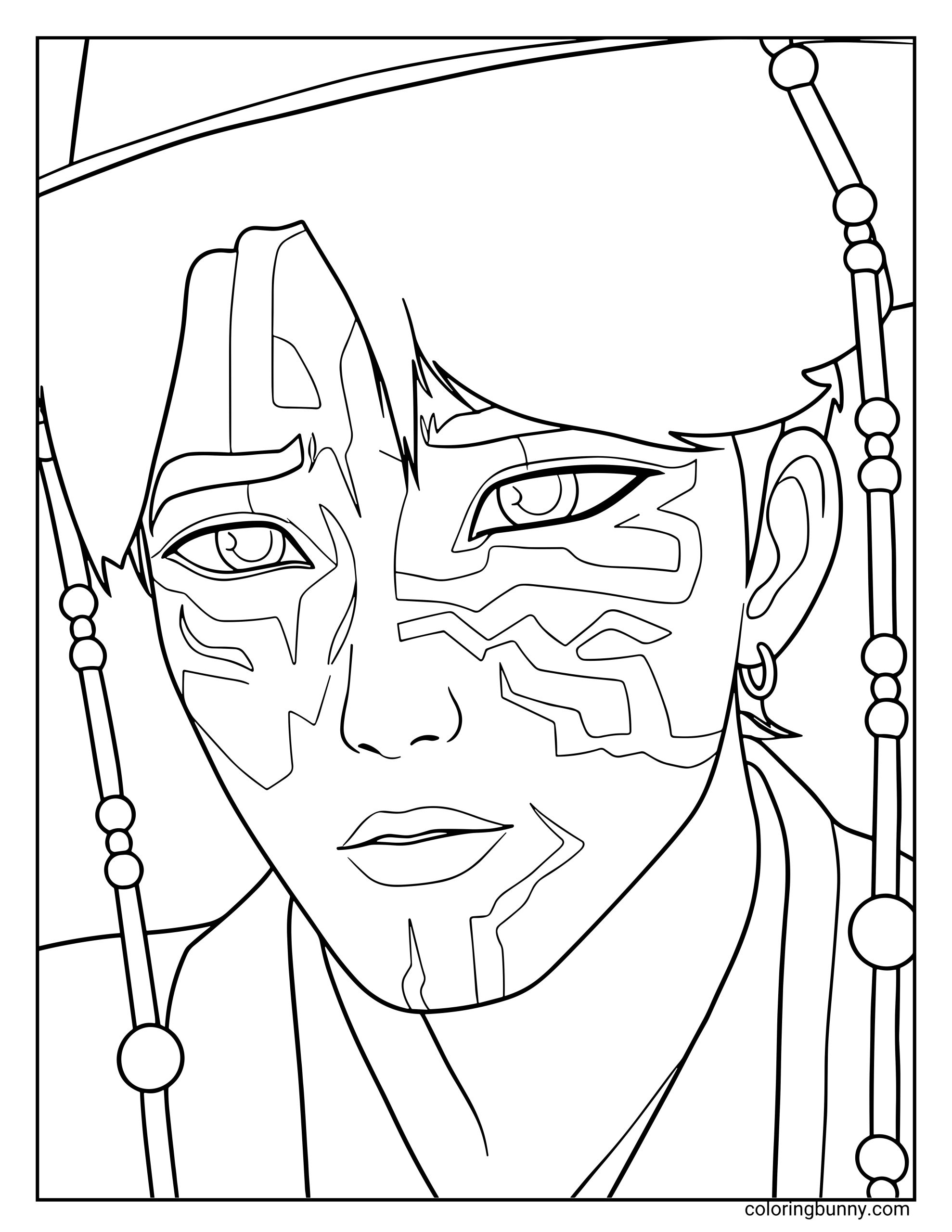 Coloring page of Jinu from KPop: Demon Hunters - Your Idol, wearing a traditional hat with bead details and glowing markings across his face, giving him a powerful and mystical look.