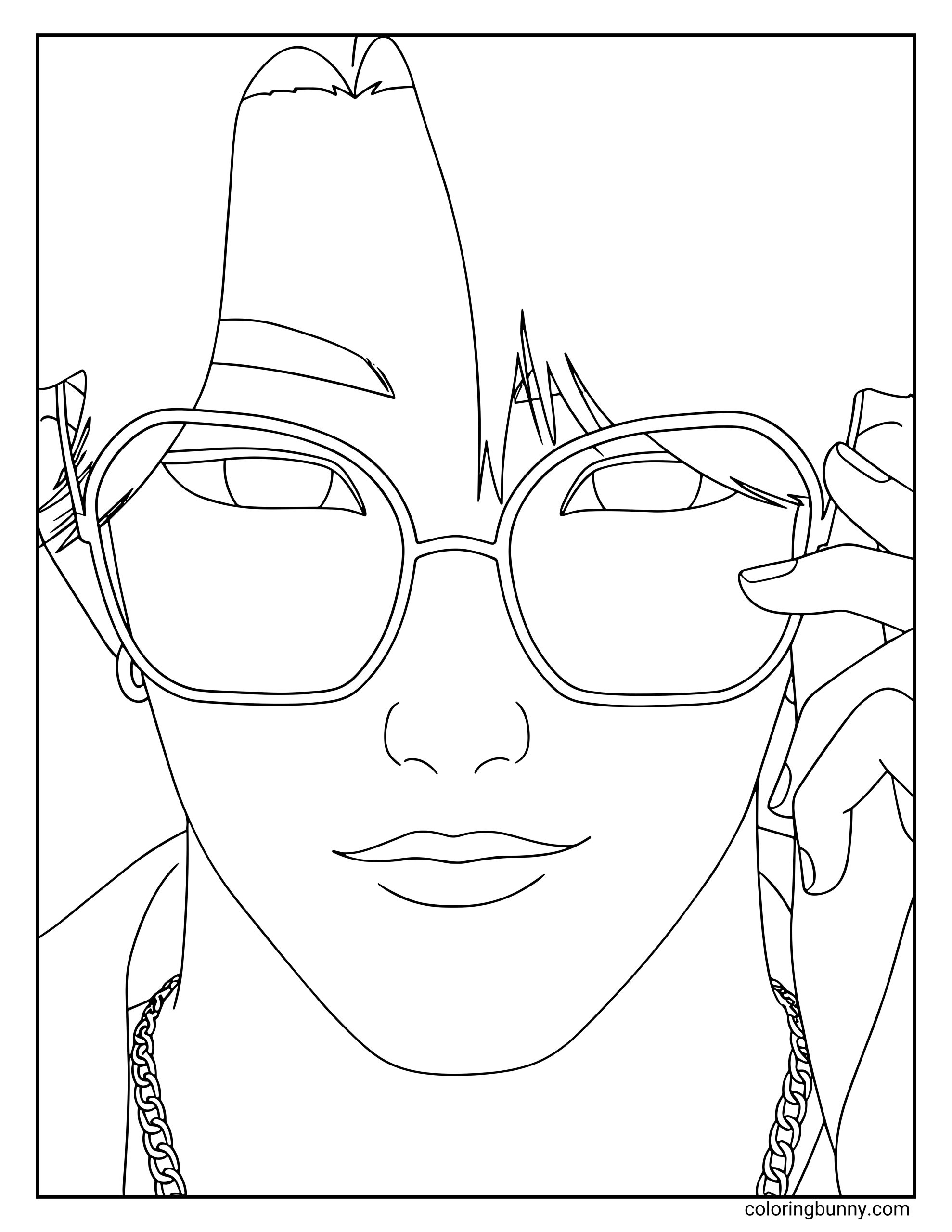Coloring page of Jinu from KPop: Demon Hunters, wearing stylish oversized sunglasses and a chain necklace, looking cool and confident.
