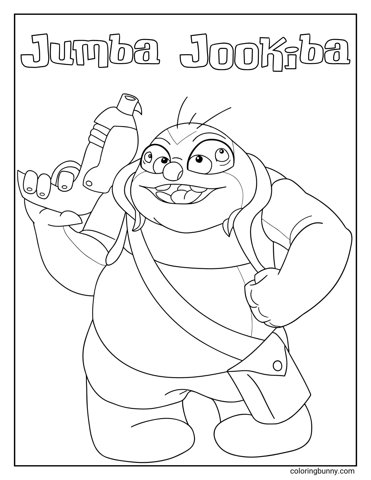 A coloring page of the Disney character Jumba Jookiba from Lilo & Stitch. The four-eyed "evil genius" is smiling mischievously while holding a large blaster pistol. His name, "Jumba Jookiba," is written in letters above his head.
