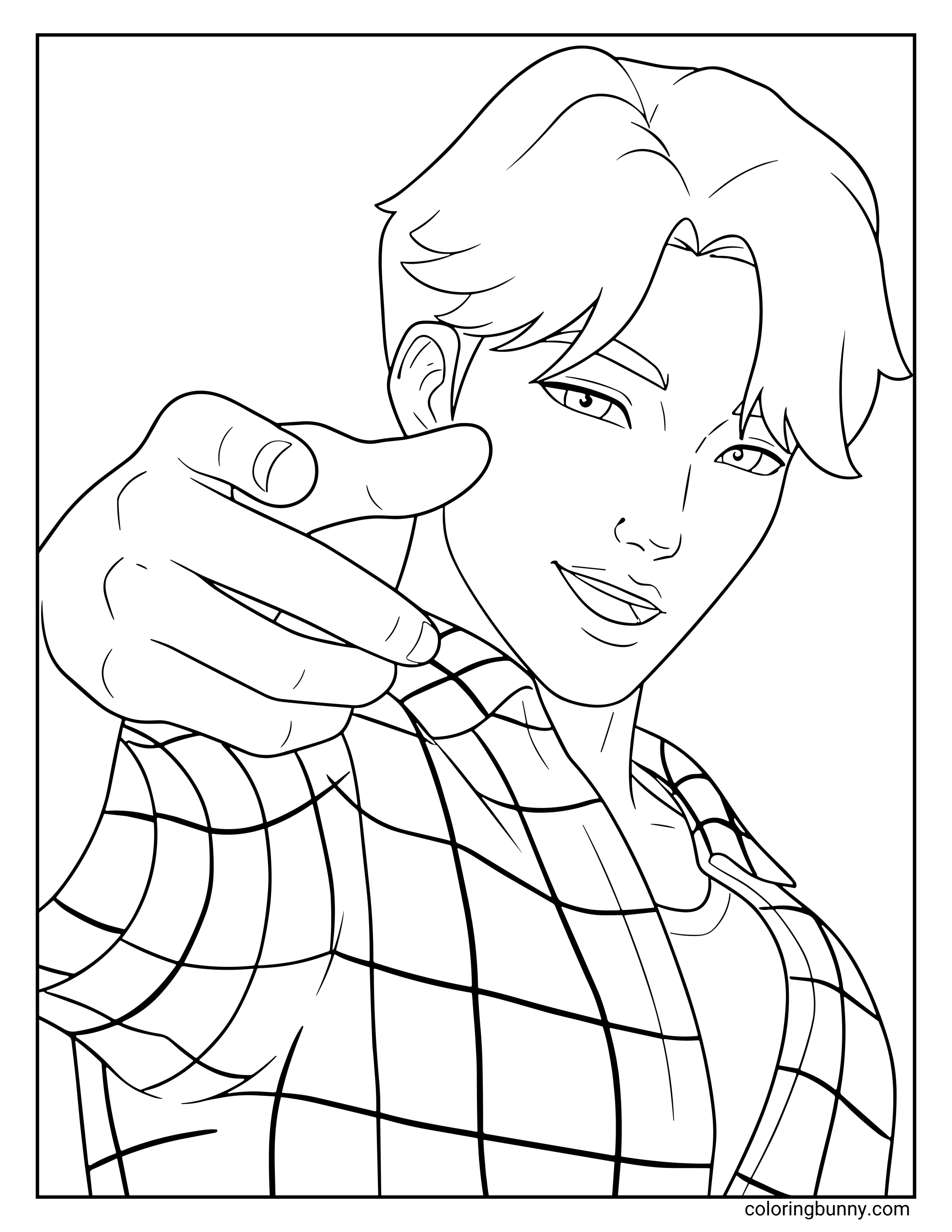 Coloring page of Jinu from KPop: Demon Hunters, smiling confidently and pointing forward, wearing a checkered shirt over a casual top.