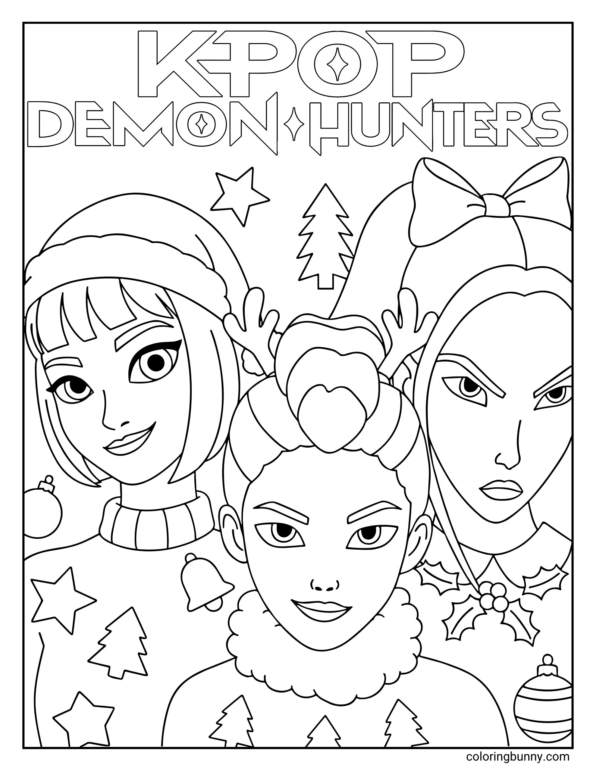 A KPop Demon Hunters Christmas coloring page of Zoey, Rumi and Mira dressed in festive Christmas outfits with stars, holly, and ornaments, under the title “K-POP DEMON HUNTERS.”