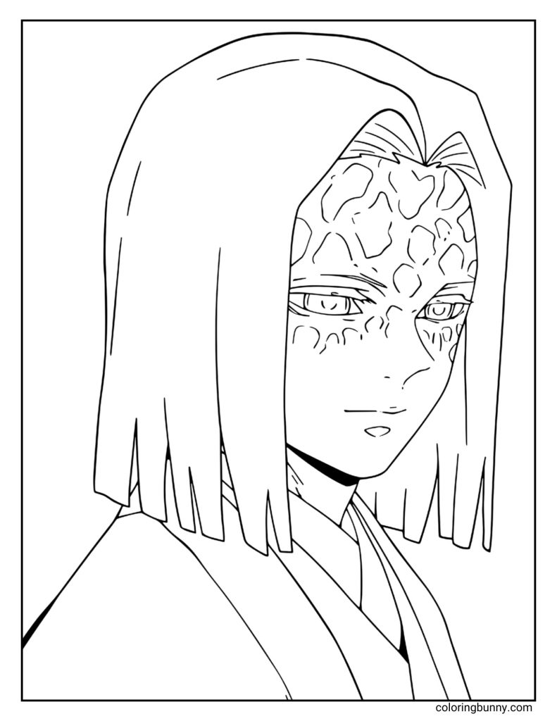 This coloring page features Kagaya Ubuyashiki from Demon Slayer: Kimetsu no Yaiba, depicted with his calm and gentle expression. His long straight hair frames his serene face, marked by his signature scar pattern. He wears elegant traditional robes, symbolizing his composed leadership as the head of the Demon Slayer Corps.