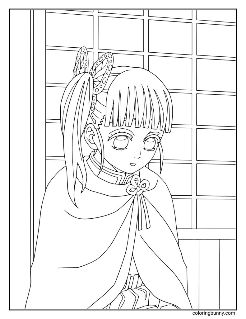 Line art of Kanao Tsuyuri sitting calmly indoors, wearing her Demon Slayer uniform with a cape fastened by a butterfly-shaped clasp. Her butterfly hair ornament rests on her ponytail as she gazes softly to the side.