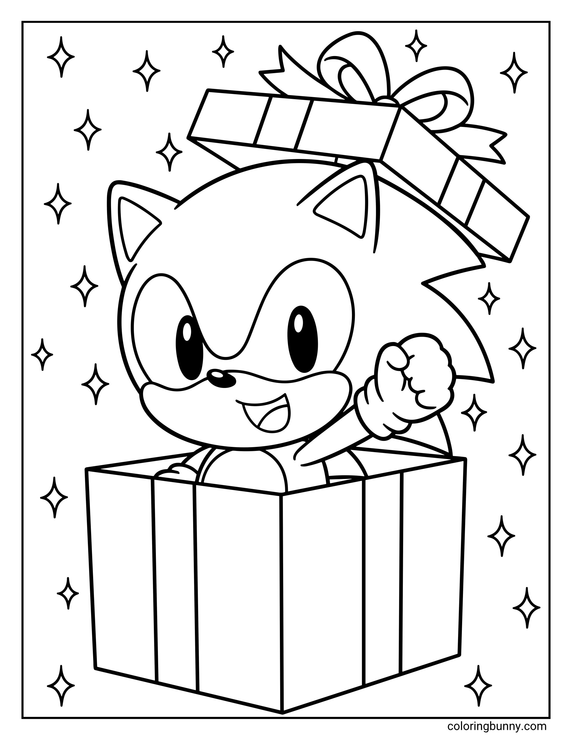 A cute Kawaii coloring page of Sonic the Hedgehog popping out of a big wrapped present with a bow on top, surrounded by sparkles.