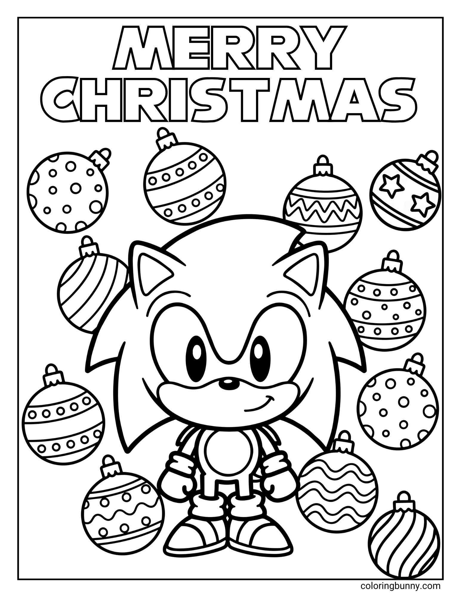 A "MERRY CHRISTMAS" coloring page featuring a cute Sonic the Hedgehog. He is standing and smiling, surrounded by many different patterned Christmas ornaments.