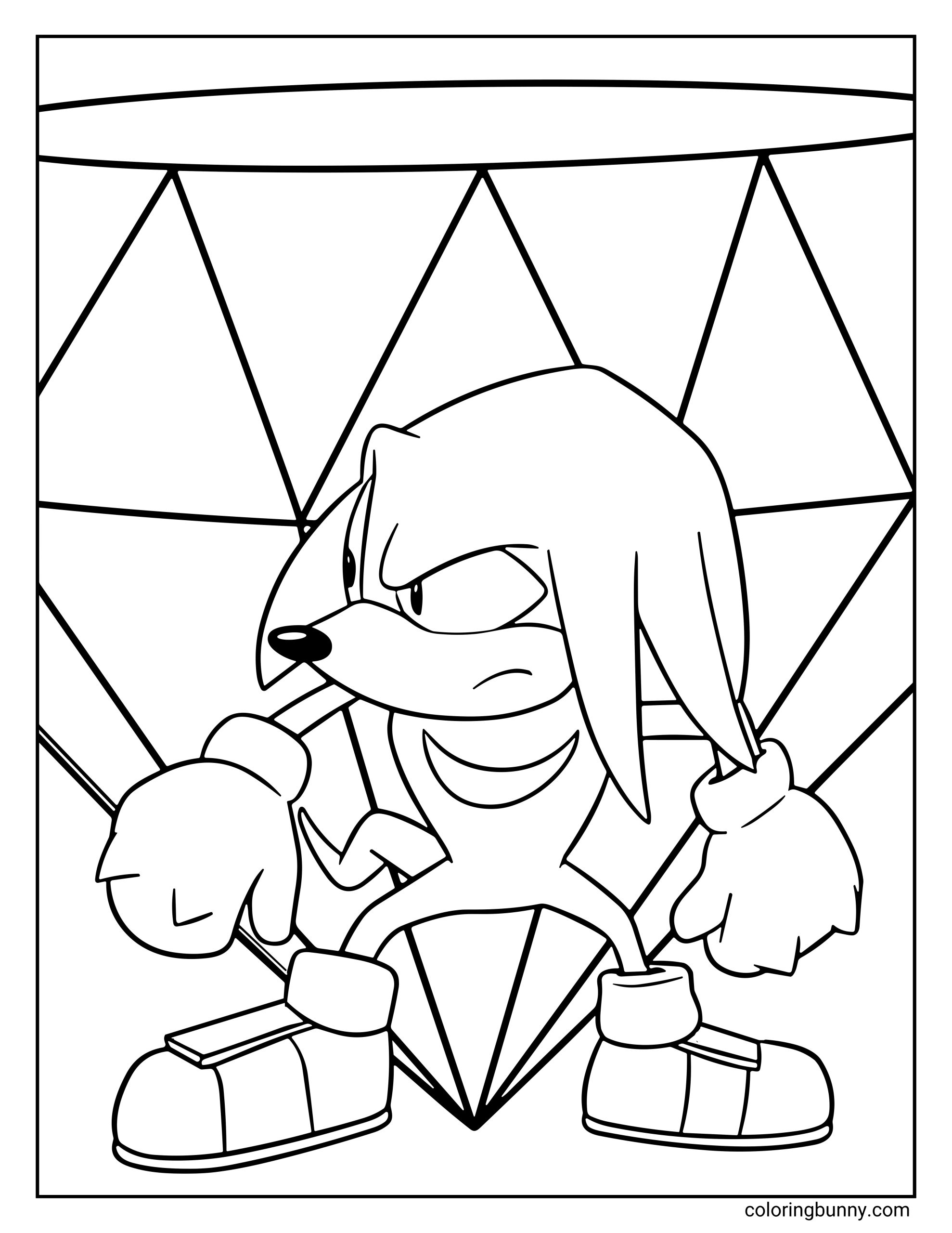 Knuckles the Echidna coloring page featuring Knuckles standing in a defensive pose with his fists clenched and a determined expression. The large Master Emerald appears in the background with bold geometric facets.