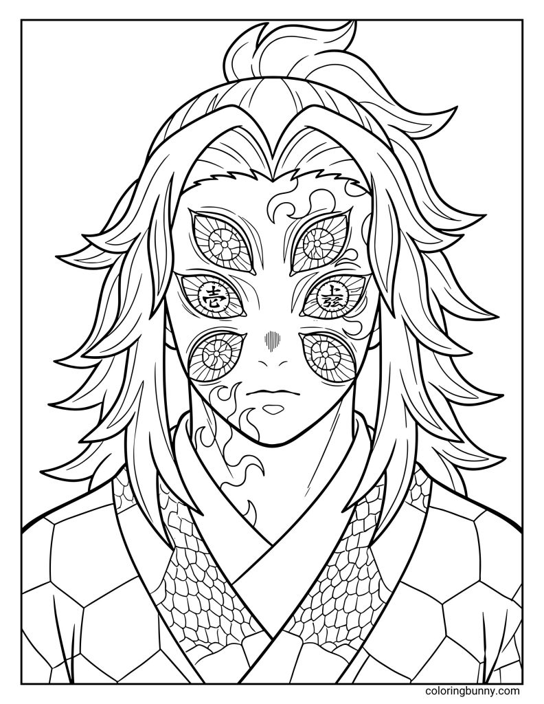 Demon Slayer Kokushibo coloring page showing Kokushibo’s six hypnotic eyes gleaming with pride and menace.