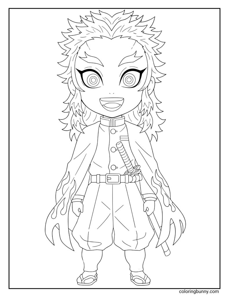 Chibi-style coloring page of Kyojuro Rengoku from Demon Slayer, smiling brightly in his flame-patterned haori with his sword by his side.