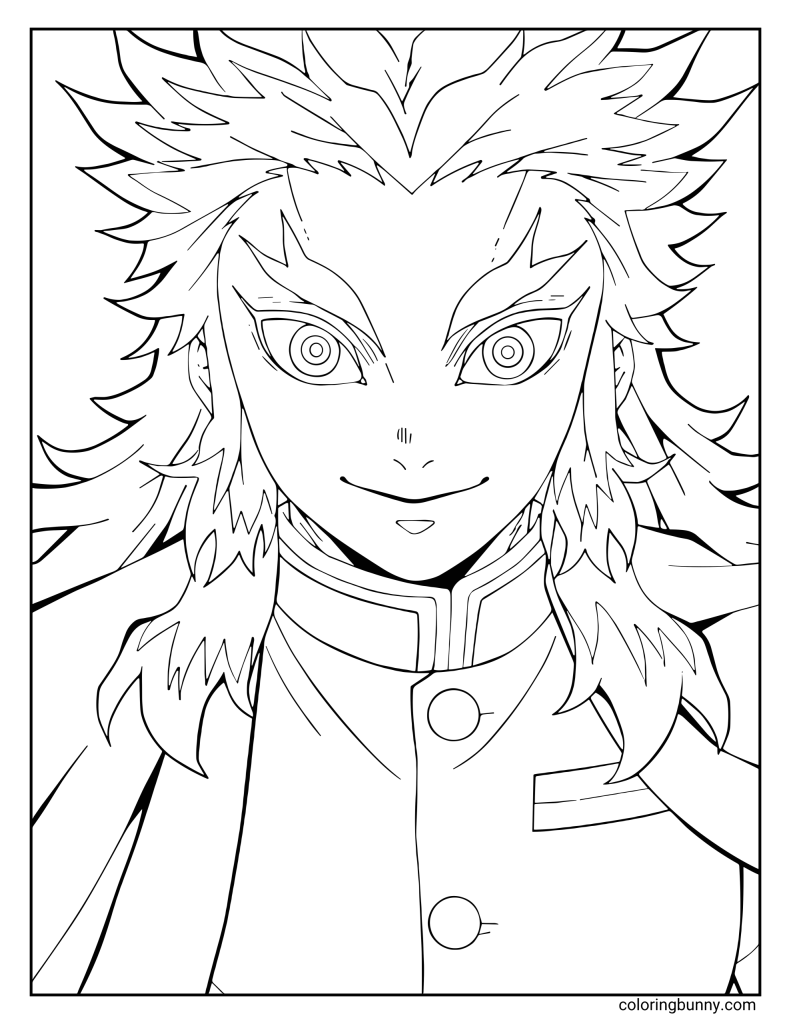 This coloring page design features Kyojuro Rengoku, the Flame Hashira from Demon Slayer: Kimetsu no Yaiba, shown with his confident smile and fiery, flame-shaped hair. He wears his Demon Slayer Corps uniform and flowing cape, his intense eyes radiating warmth and determination. The clean black-and-white line art captures his bold energy and iconic look, perfect for creative coloring and shading.