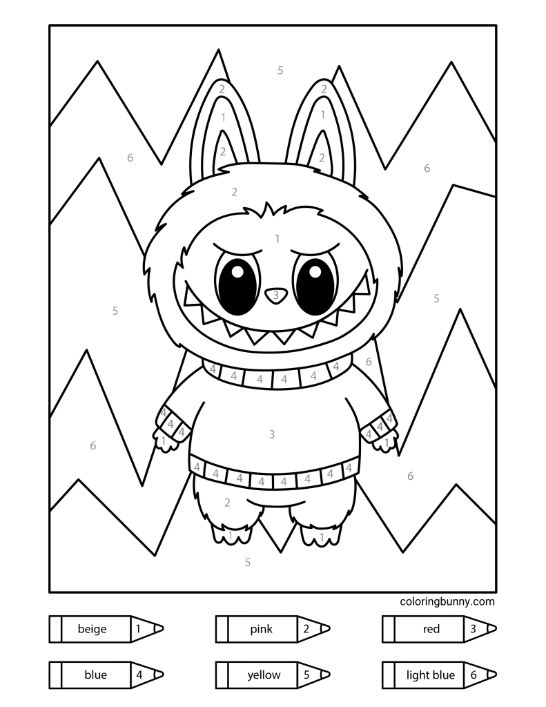 A color-by-number Christmas coloring page of Labubu wearing a cozy festive jumper, with zigzag background patterns and numbered color sections.