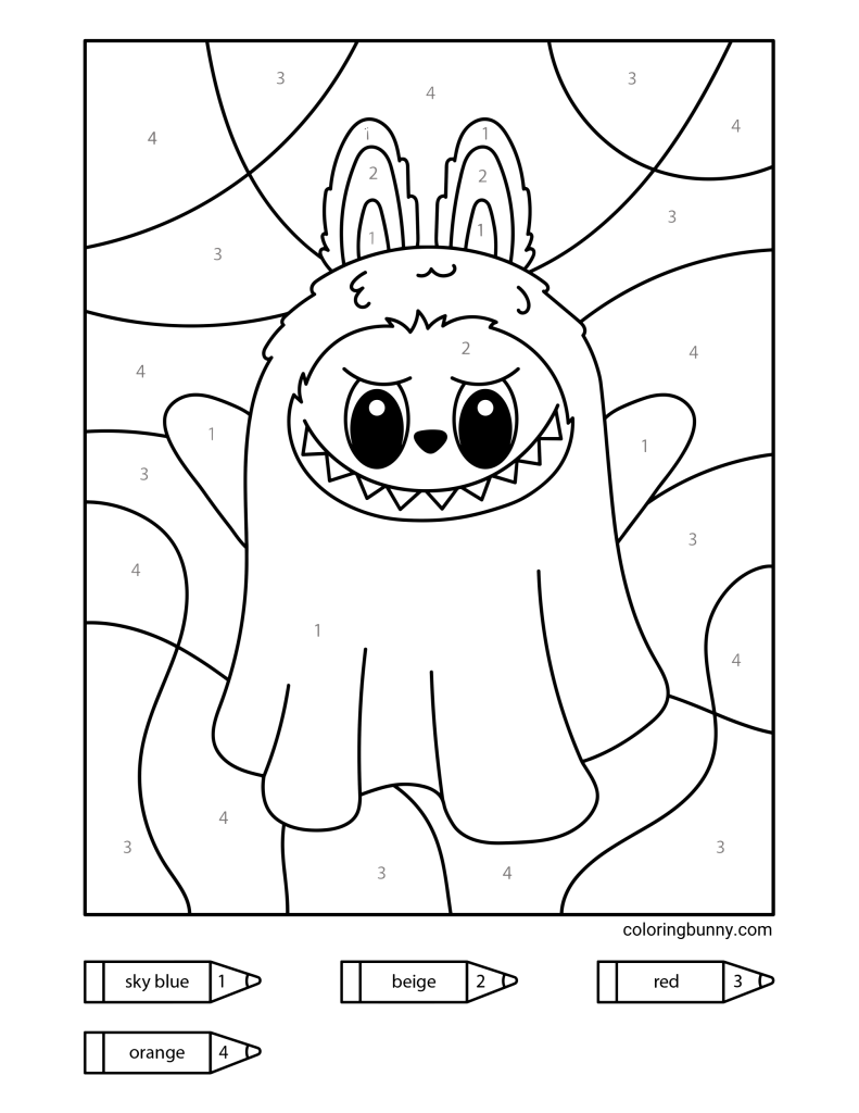 Labubu color-by-numbers Halloween coloring page featuring Labubu dressed as a ghost. The numbered key includes sky blue, beige, red, and orange crayons.