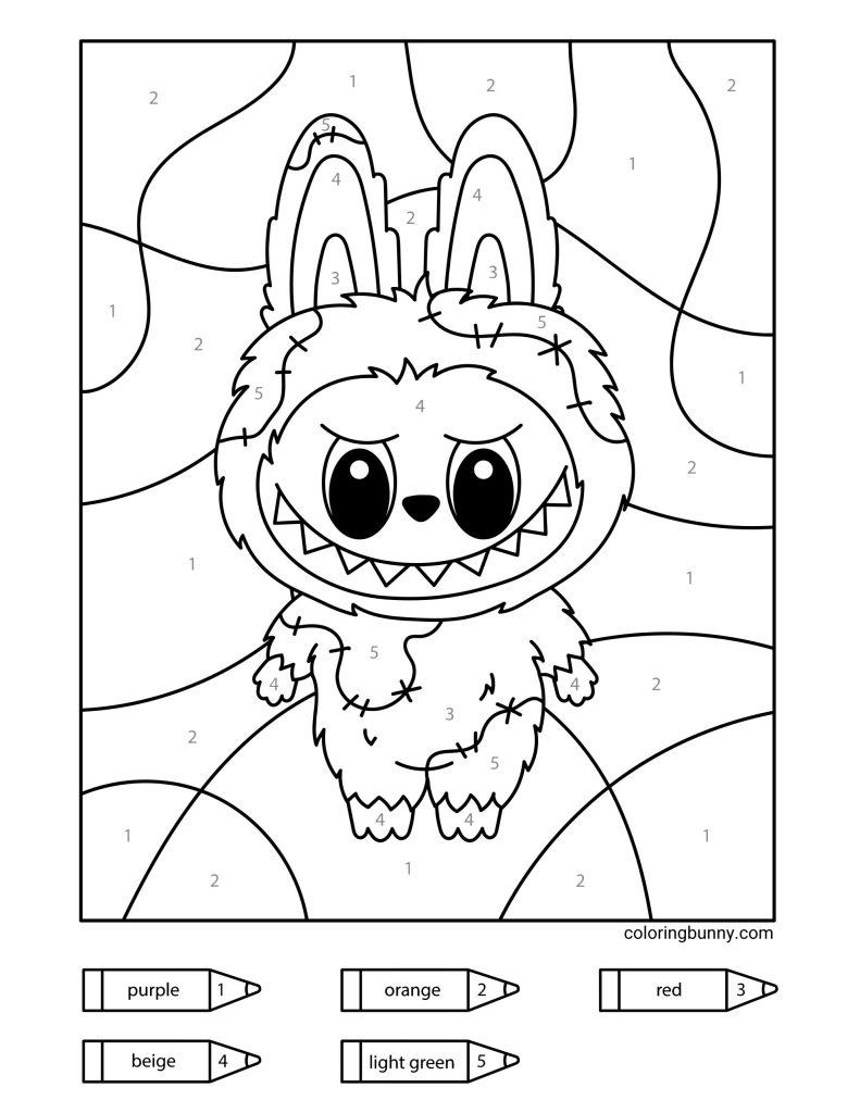 Color-by-numbers page of Labubu in a stitched-up Halloween costume, set against a wavy patterned background.