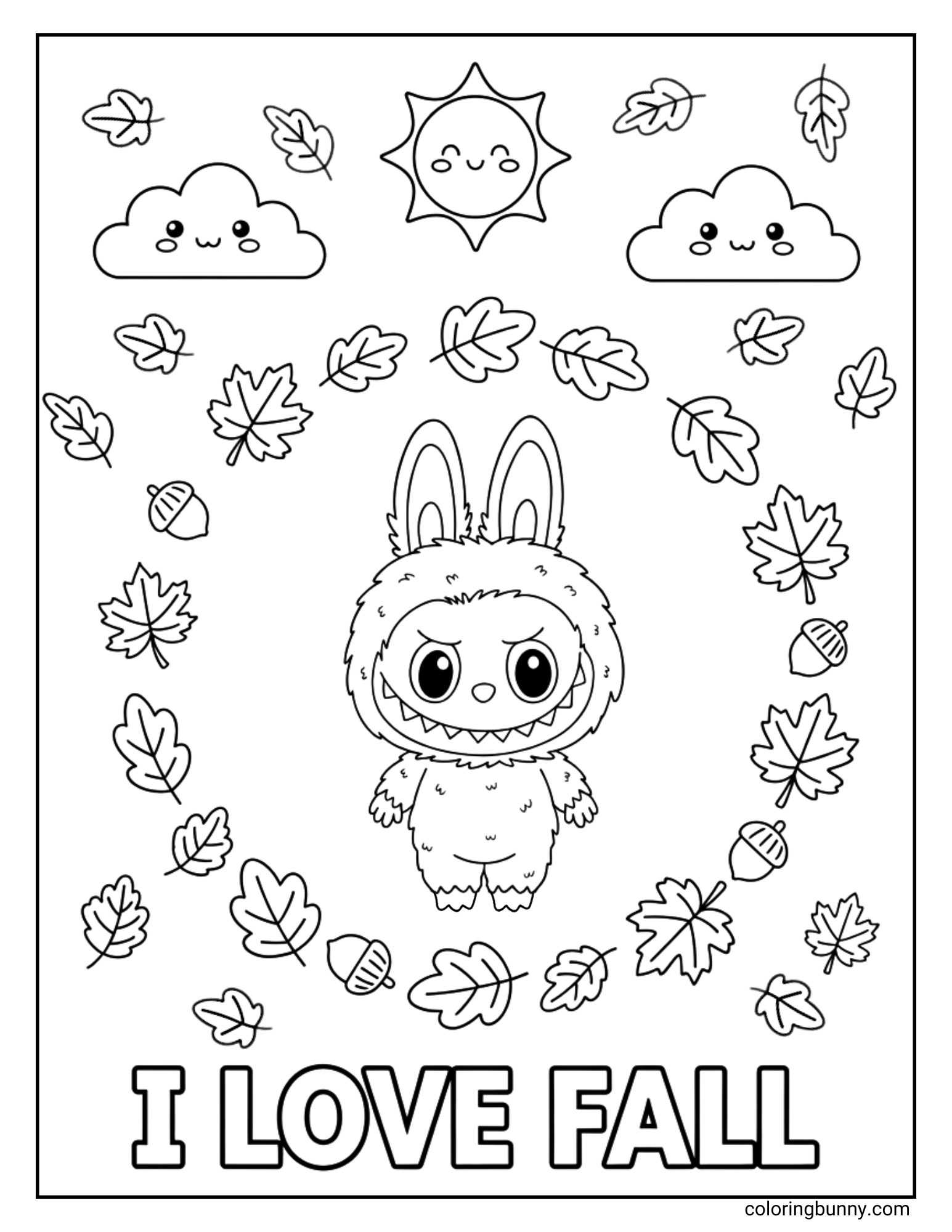 A funny coloring page of the grumpy monster Labubu standing inside a wreath of leaves. Although Labubu has a pouty face, the text at the bottom says 'I Love Fall', and the background is filled with a smiling sun and happy clouds.