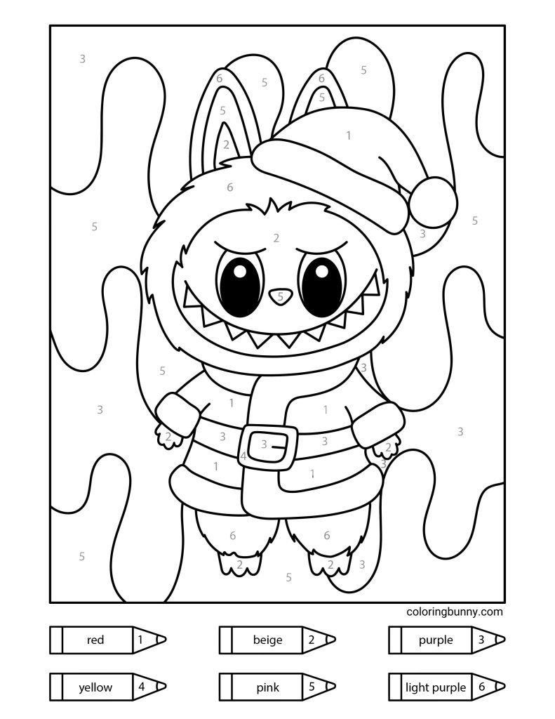 A color-by-number Christmas coloring page of Labubu dressed in a Santa Claus outfit with a wavy festive background and numbered color guide below.