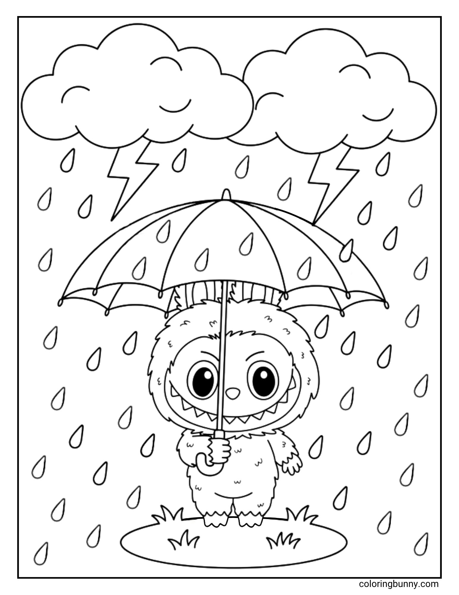 A black and white Labubu coloring page showing Labubu holding an umbrella in a rainstorm with lightning and clouds.