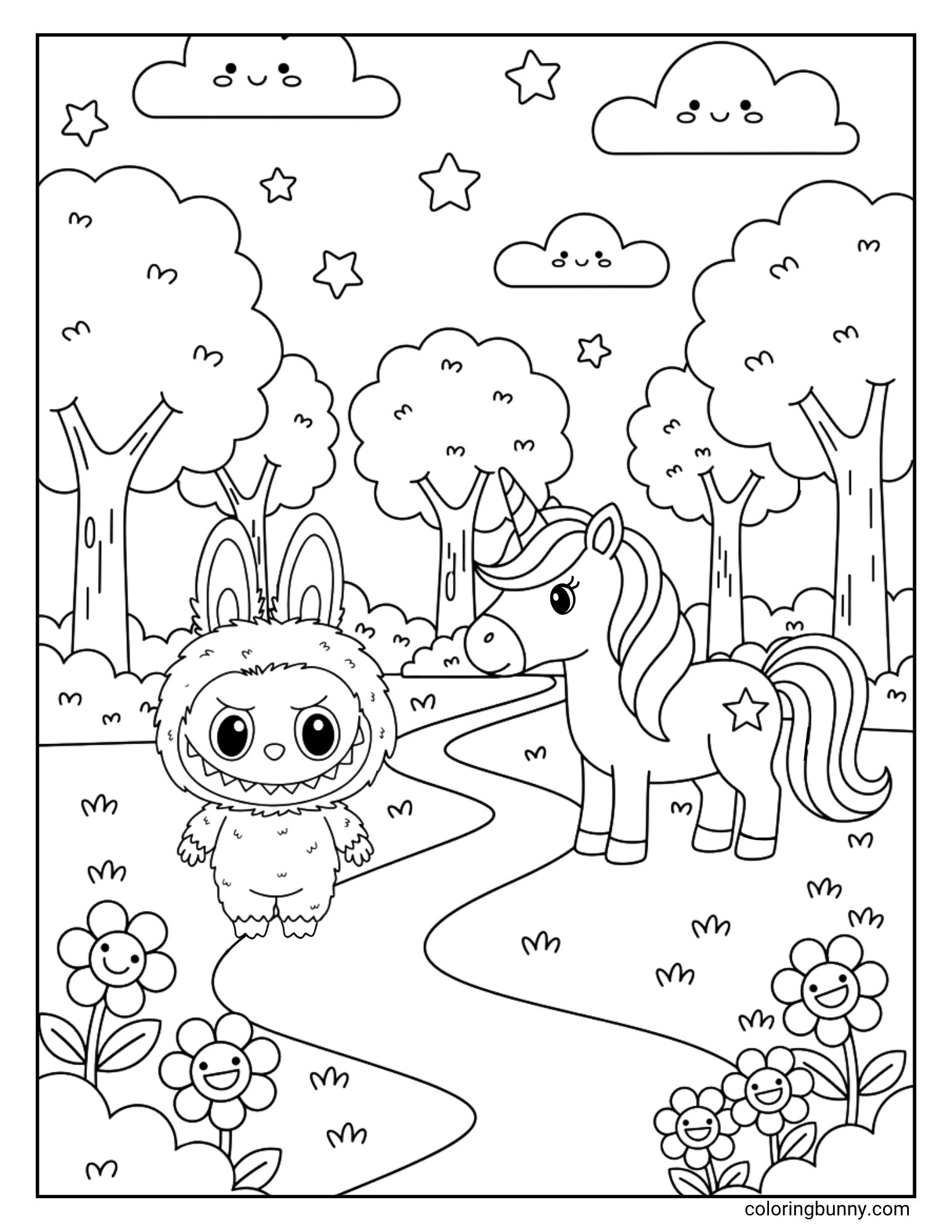 A black and white Labubu coloring page showing Labubu standing on a path in a forest with a unicorn, smiling flowers, trees, and clouds.