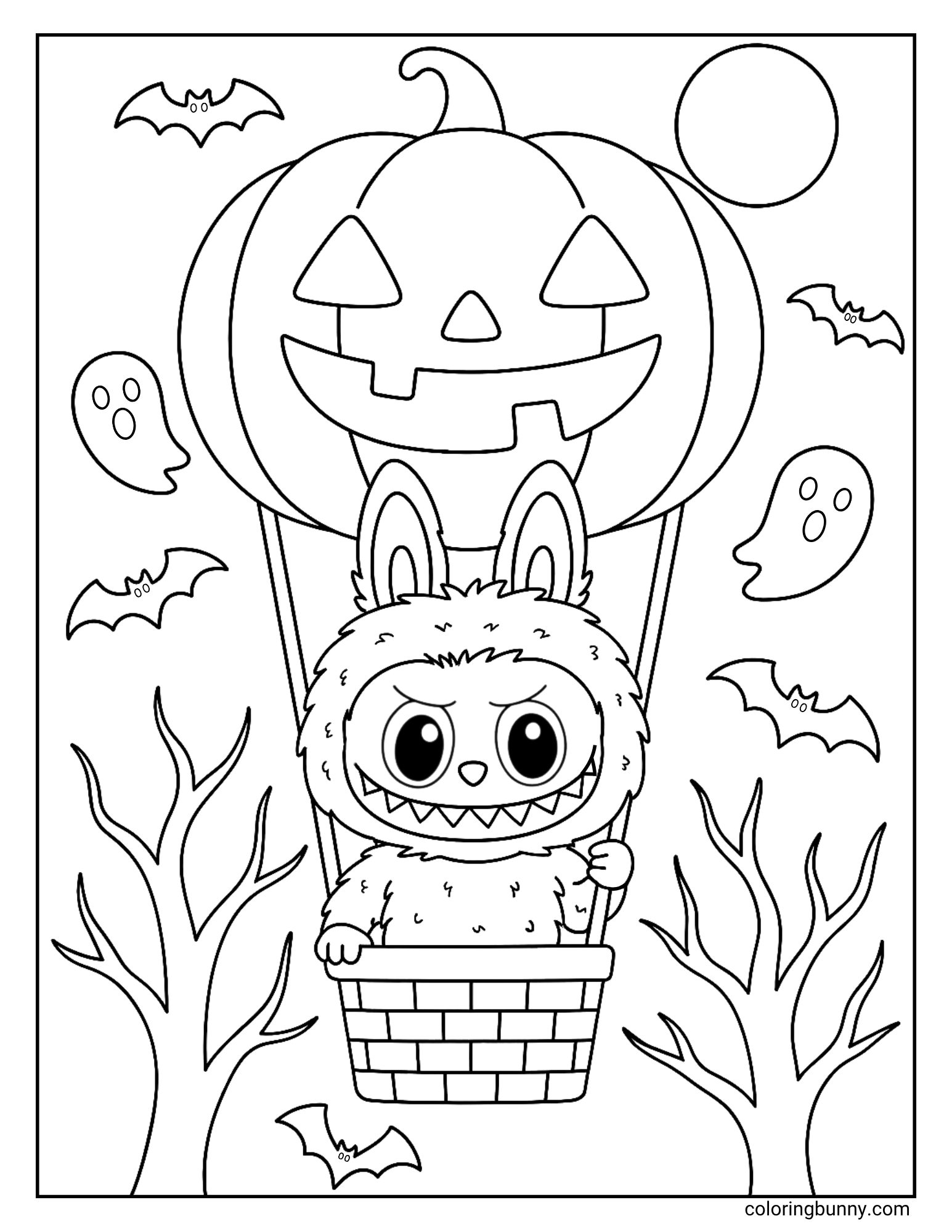A black and white Labubu Halloween coloring page of the monster Labubu on a magical flight. He is riding in a hot air balloon shaped like a jack-o'-lantern, floating over a spooky forest at night. Friendly ghosts and bats fly around him under a full moon.