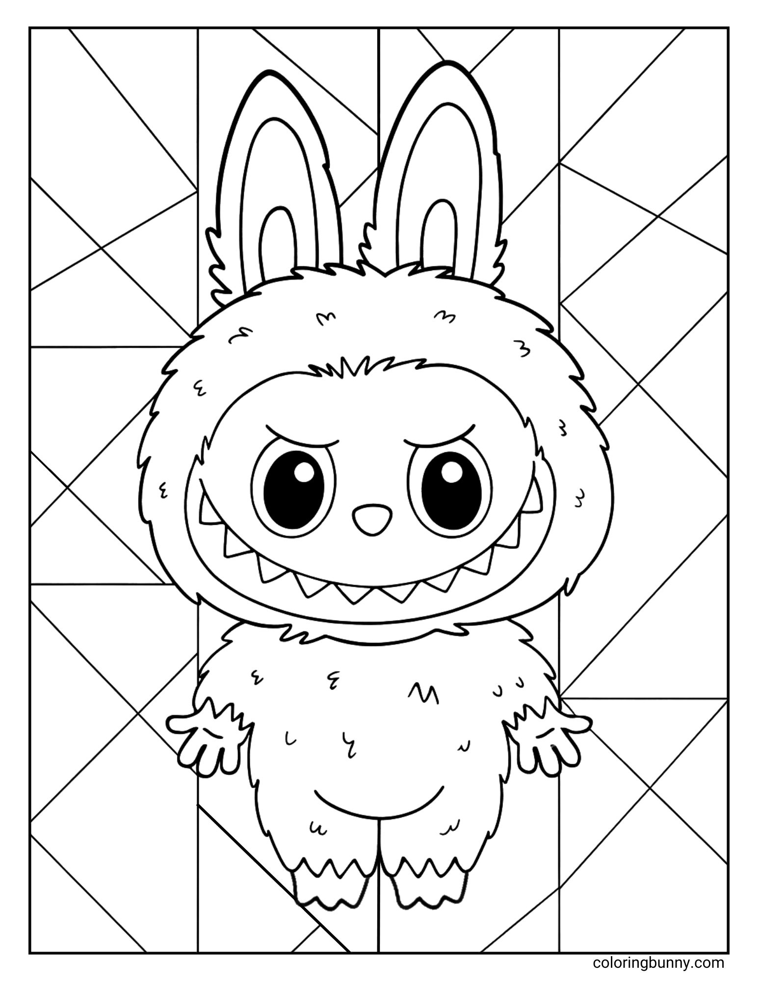 A black and white Labubu coloring page showing Labubu standing in front of a background with a variety of geometric shapes and crisscross lines.