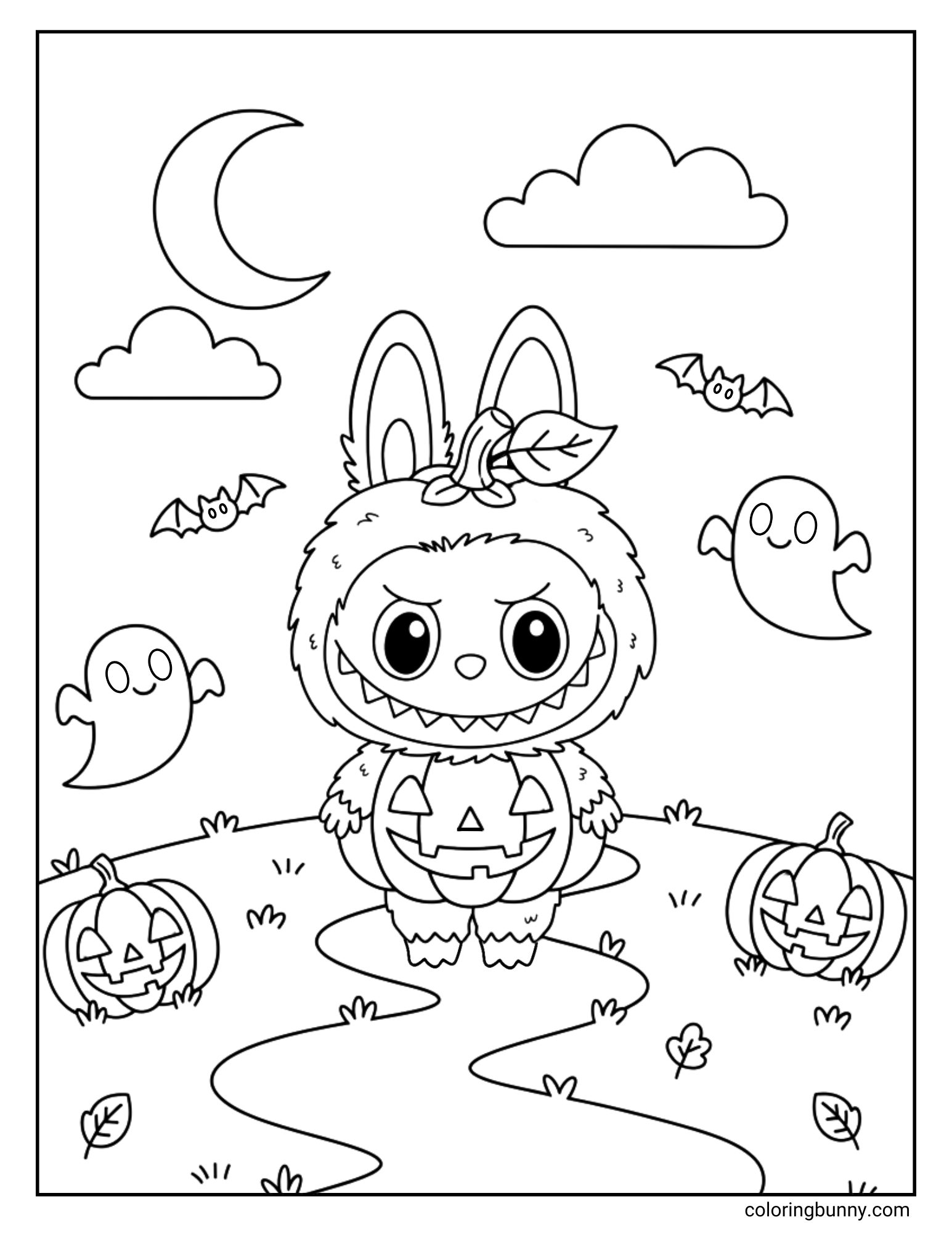 A funny Halloween coloring page of the monster Labubu wearing a pumpkin costume. He has a grumpy expression as he stands on a path in a pumpkin patch, surrounded by jack-o'-lanterns, ghosts, and bats under a crescent moon.
