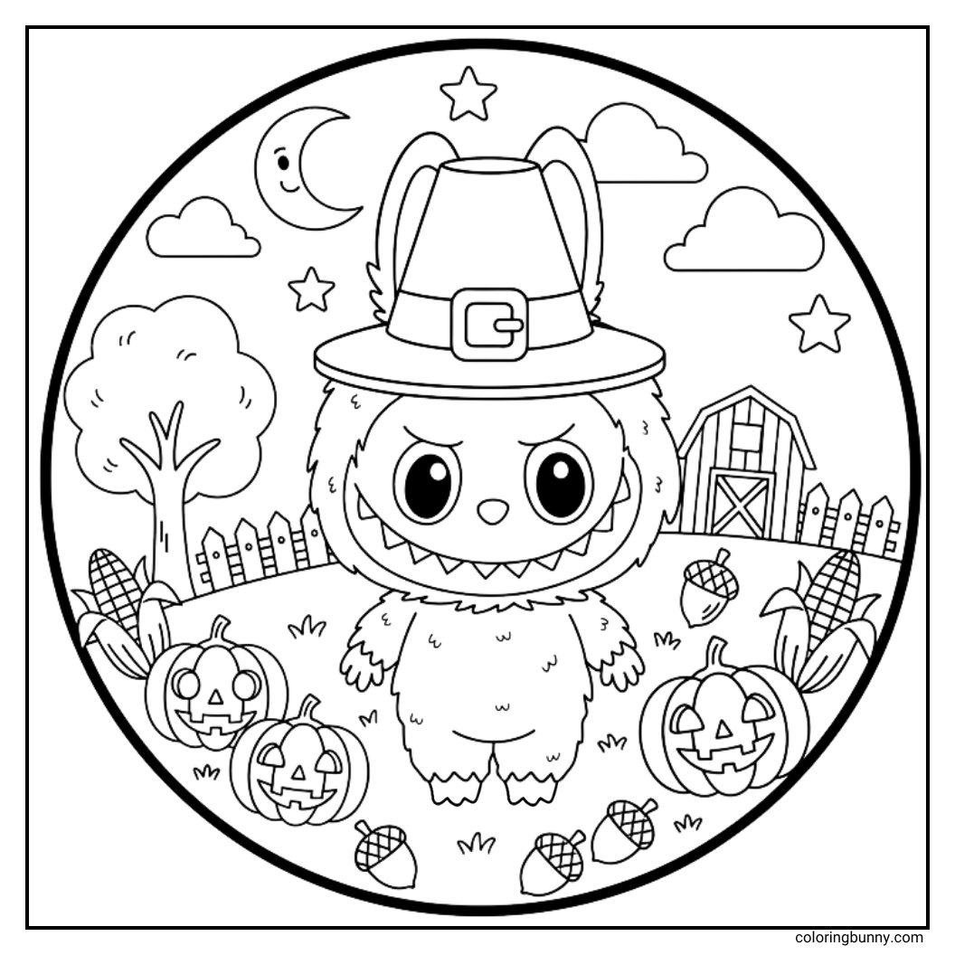 A fun fall coloring page of the character Labubu in a circular frame. The mischievous monster is wearing a big pilgrim-style hat and standing in a farmyard at night, surrounded by jack-o'-lanterns, corn, and acorns, with a barn in the background.