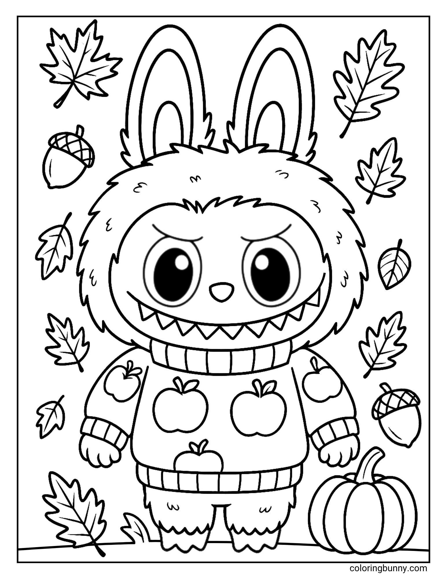 A cute autumn coloring sheet of the monster Labubu dressed in a cozy jumper. The jumper is decorated with an apple pattern, and Labubu stands next to a pumpkin, surrounded by falling leaves and acorns.