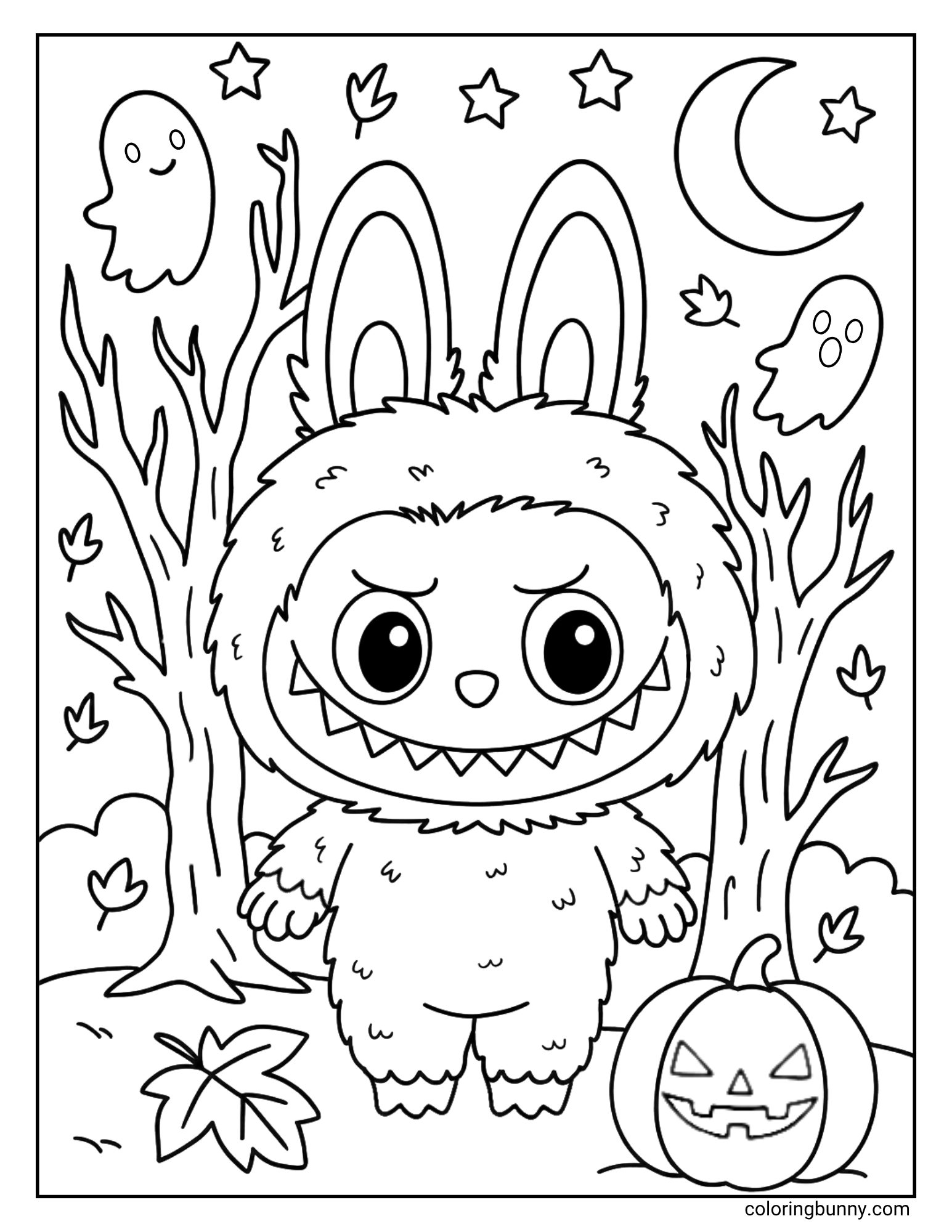 A spooky but cute Halloween coloring page of the monster Labubu. He is standing in a haunted forest with a grumpy expression, surrounded by spooky trees, two friendly ghosts, a jack-o'-lantern, and a crescent moon in the starry sky.