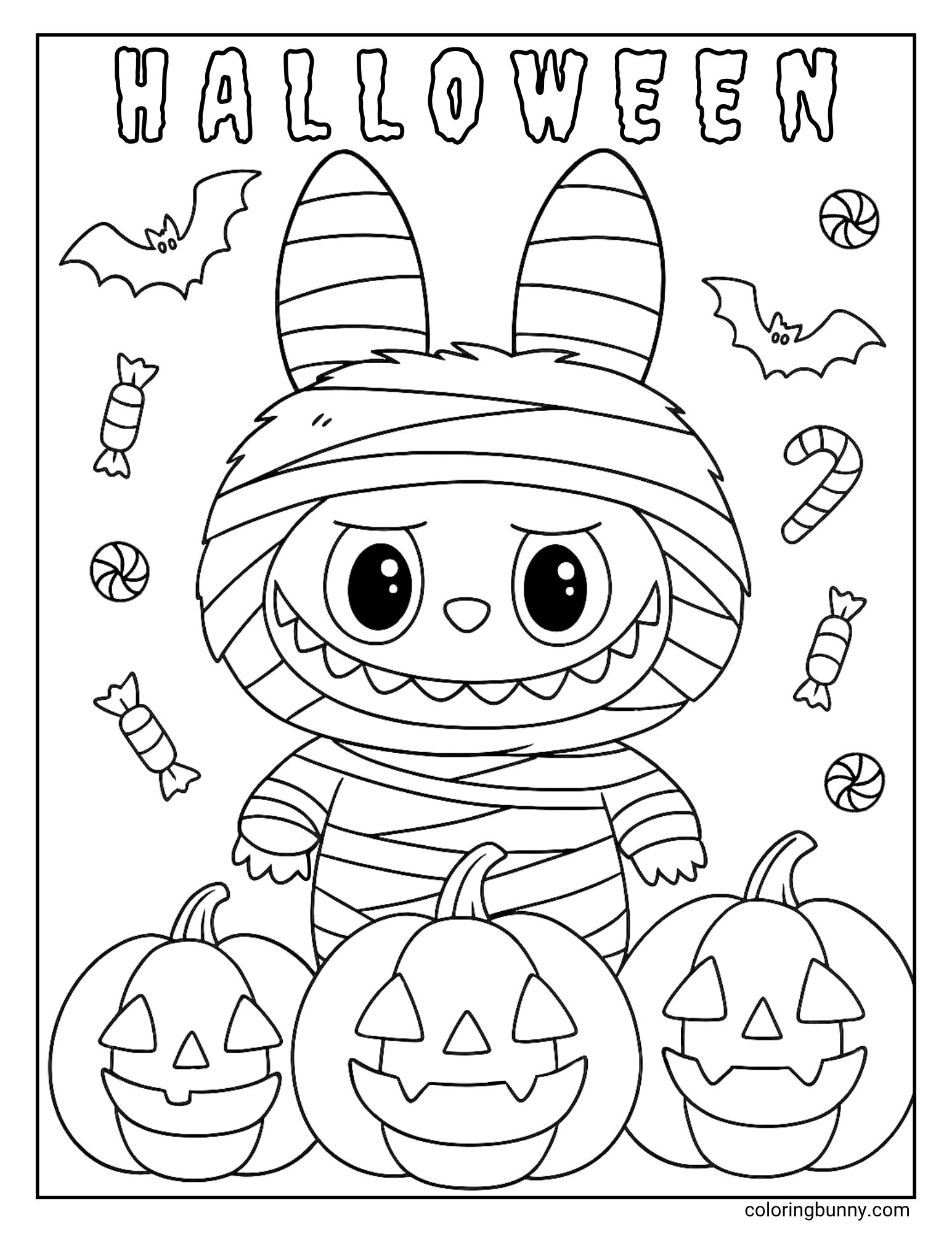 A fun Labubu Halloween coloring page of the monster character Labubu dressed in a mummy costume. He is wrapped in bandages from head to toe, including his long ears, and stands in a pumpkin patch surrounded by sweets and bats. The word 'Halloween' is at the top.