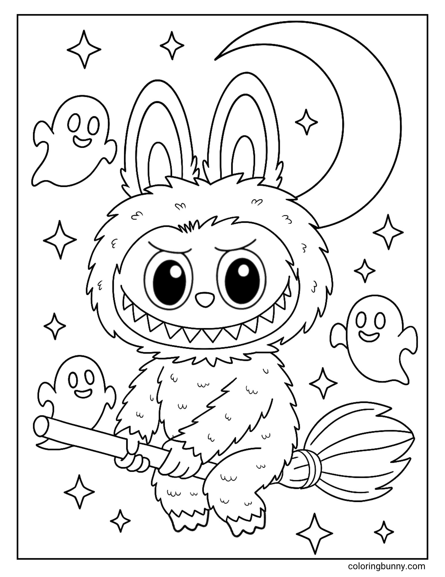 A fun Halloween coloring sheet of the monster character Labubu flying on a witch's broomstick. He has a grumpy or worried expression as he flies through a starry night sky, accompanied by three friendly ghosts and a large crescent moon.