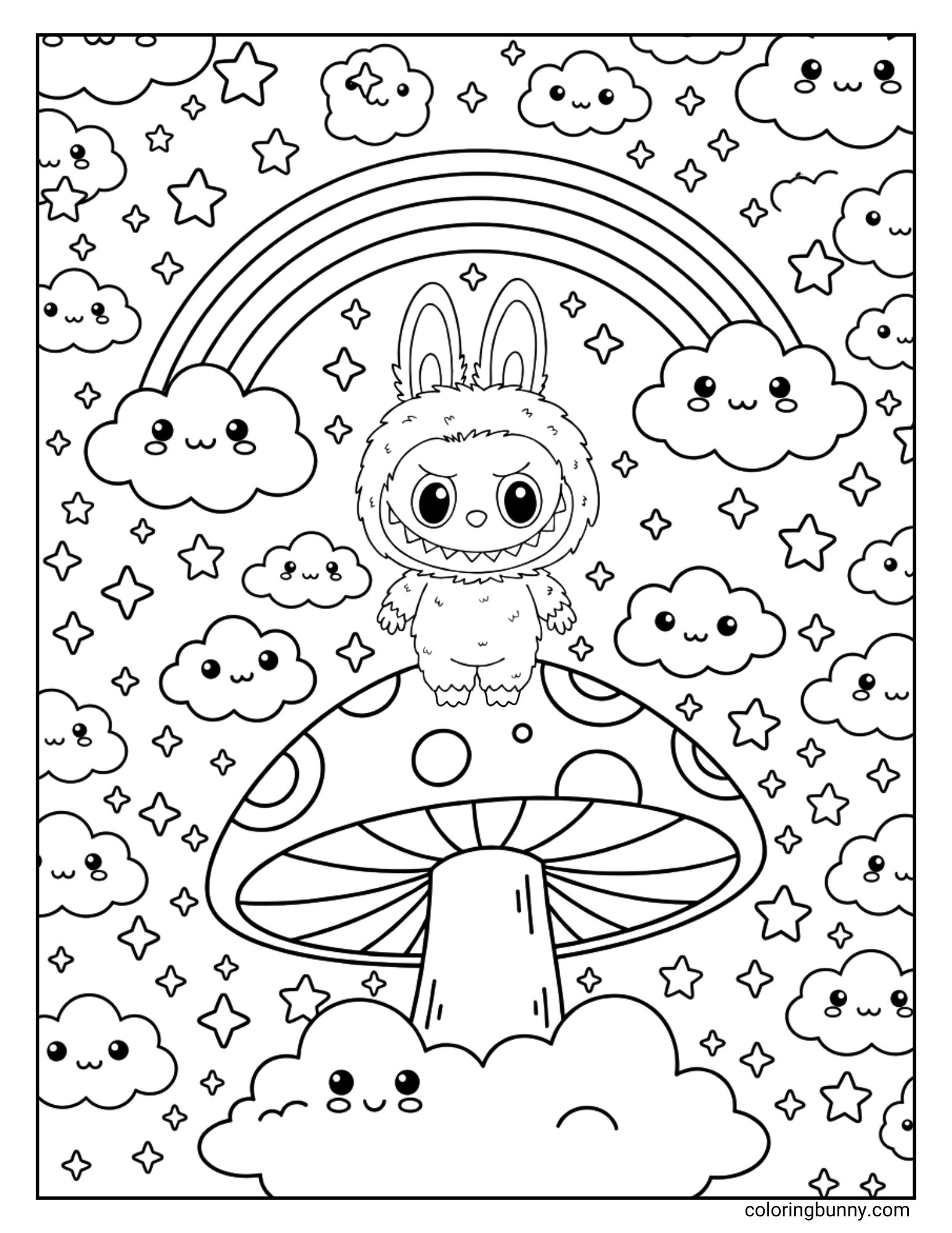 A black and white Labubu coloring page showing Labubu standing on a large mushroom in the clouds with stars, a rainbow, and smiling clouds around him.