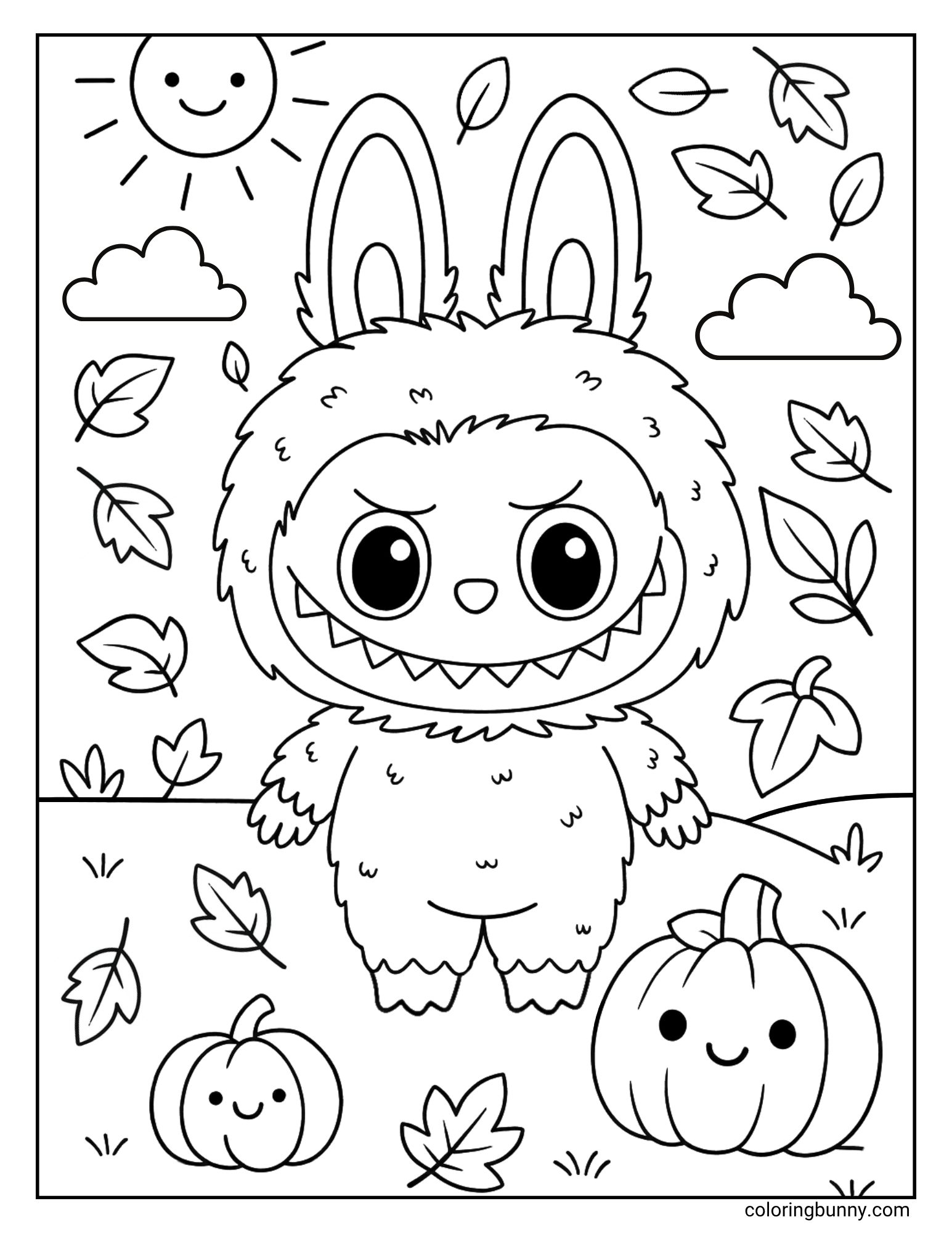 A funny coloring page of the grumpy monster Labubu standing in a field on a sunny autumn day. Although Labubu is scowling, he is surrounded by two smiling pumpkins and a happy sun, with leaves falling all around.