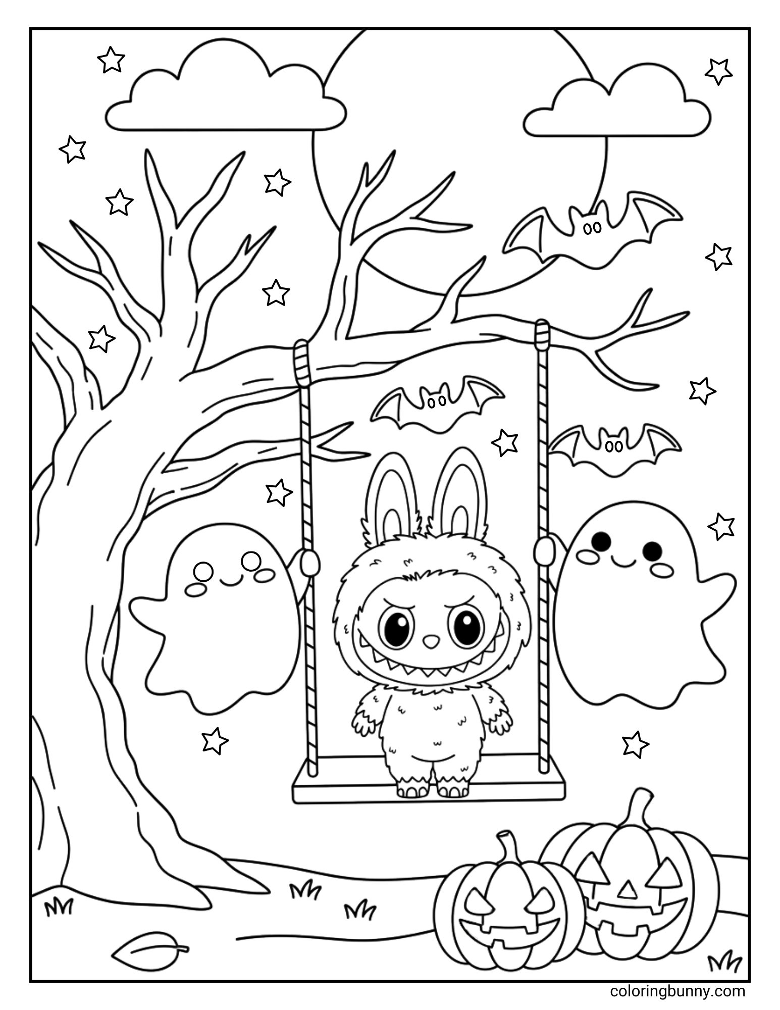 A playful Halloween coloring sheet where the monster Labubu is on a swing hanging from a spooky tree. Two friendly ghosts are floating on either side of him, ready to give him a push. The scene is set at night with a full moon, bats, and jack-o'-lanterns on the ground.