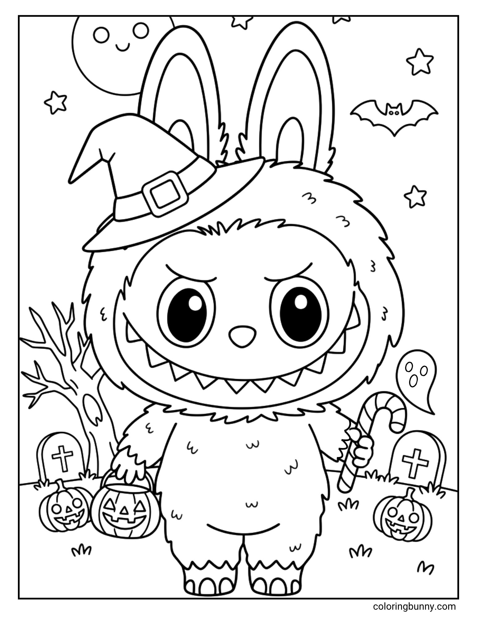 A spooky but cute Halloween coloring page of the monster Labubu on a trick-or-treating adventure. He is wearing a witch's hat and holding a candy pail while walking through a graveyard at night, complete with tombstones, jack-o'-lanterns, a ghost, and a bat.