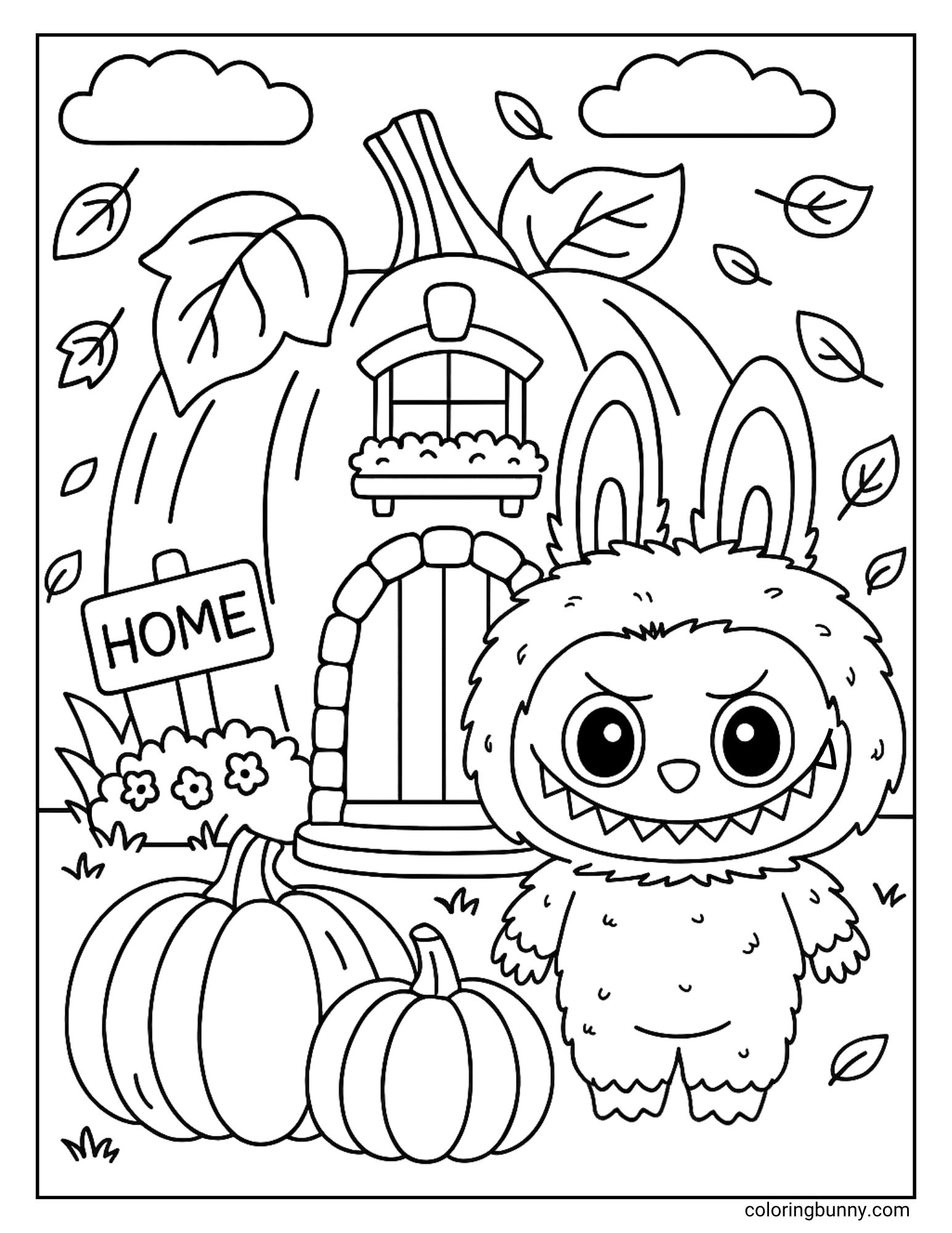 A wonderfully imaginative coloring page of the monster Labubu flying in a hot air balloon. The balloon is shaped like a giant, smiling jack-o'-lantern, and Labubu is peeking out of the basket with a determined expression as he flies over a forest of autumn trees.