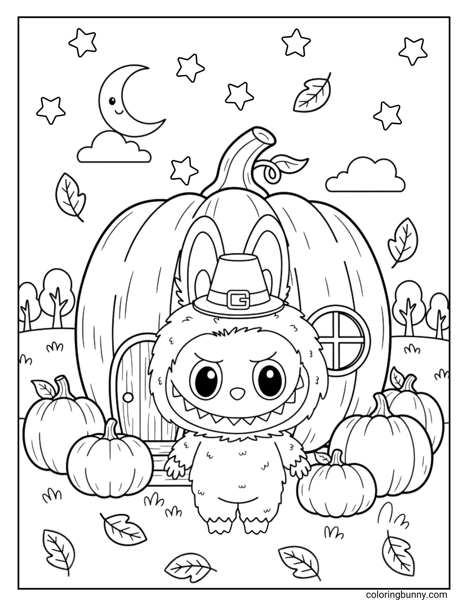 Black and white Labubu coloring page of a large pumpkin that has been turned into a cozy house, with a door and a round window. The cute monster Labubu, wearing a pilgrim hat, is standing proudly in front of his home, which is surrounded by smaller pumpkins under a starry night sky.