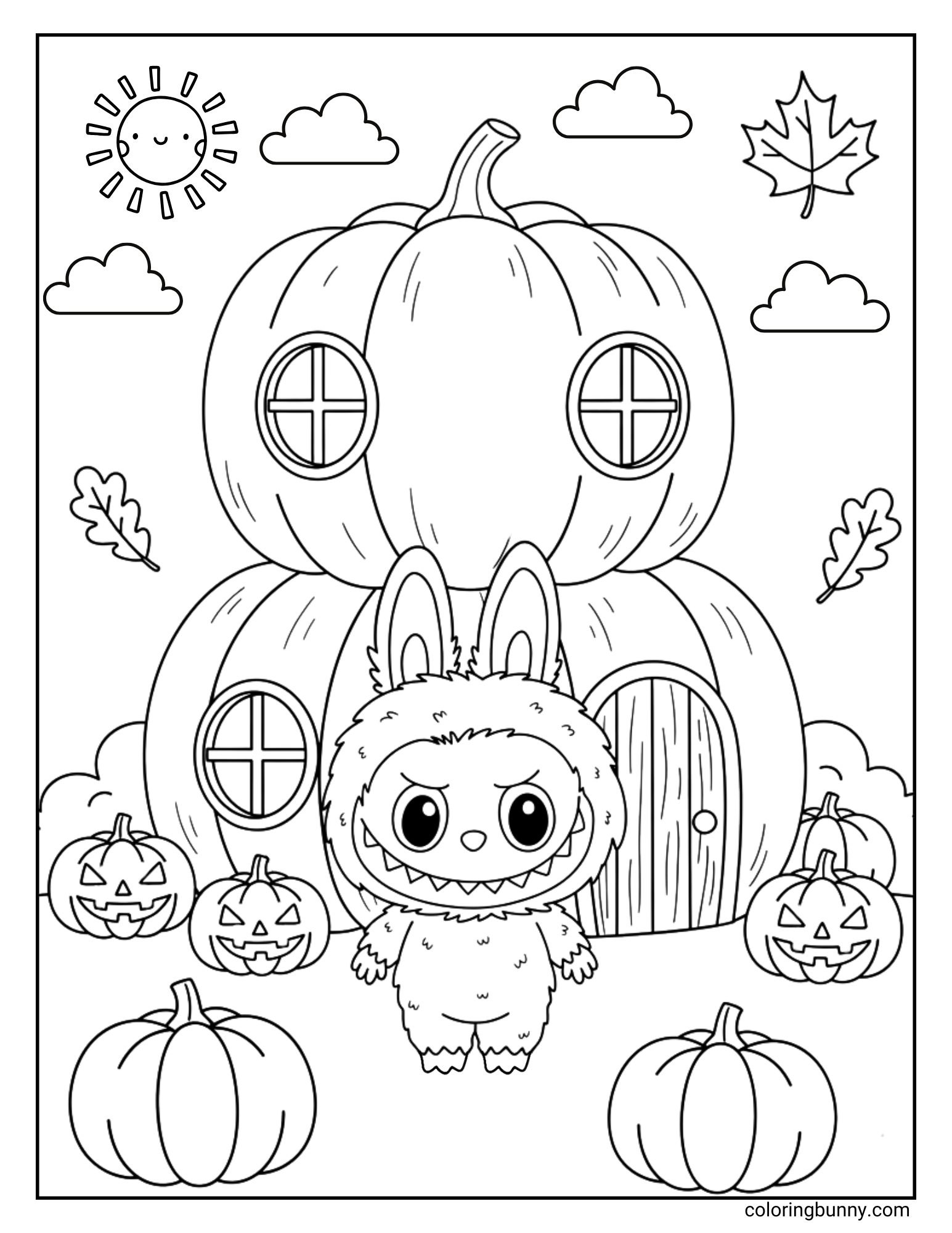 A whimsical coloring sheet of the monster Labubu standing outside his amazing two-story pumpkin house. The house has several round windows and a door, and is surrounded by smaller pumpkins and jack-o'-lanterns under a happy, shining sun.