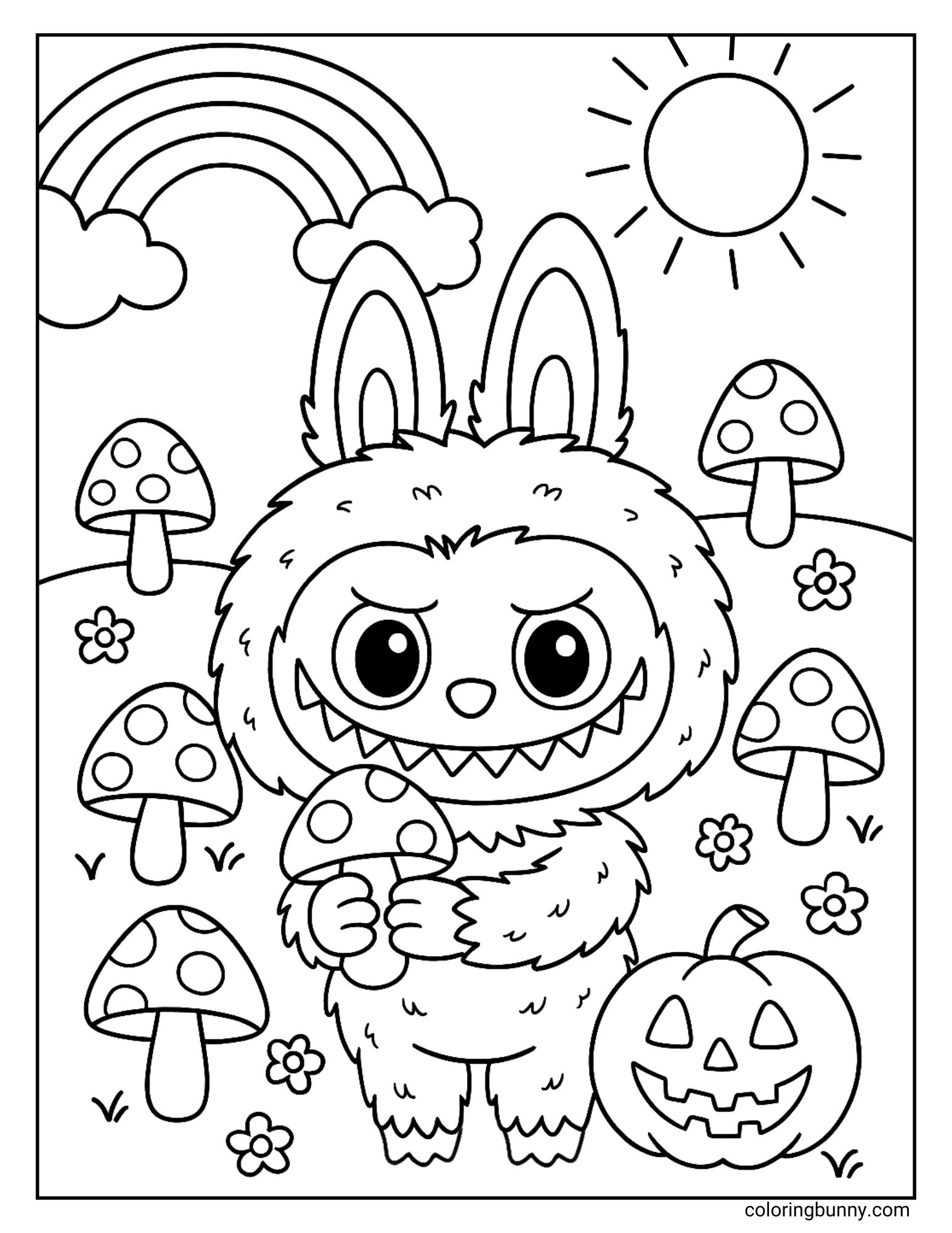 A black and white Labubu coloring page showing Labubu holding a mushroom in a field with other mushrooms, flowers, a pumpkin, a rainbow, and the sun.