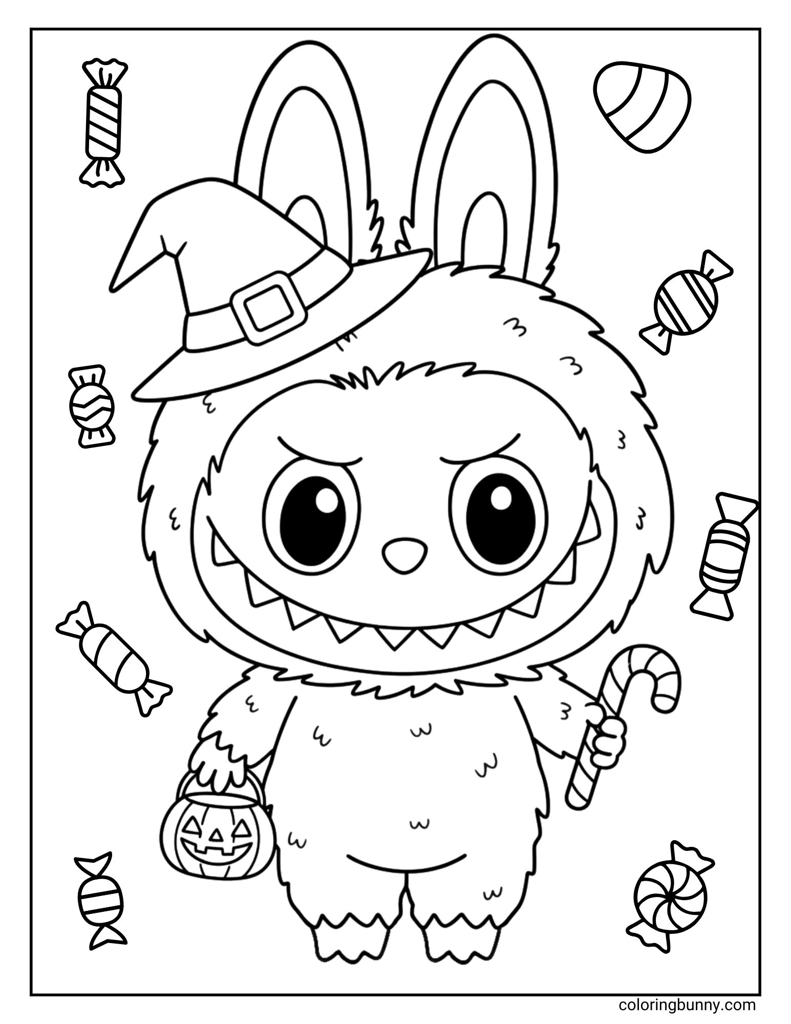 A fun Labubu Halloween trick-or-treat coloring sheet of the monster character Labubu. He is wearing a witch's hat and has a grumpy expression as he holds a jack-o'-lantern candy pail and a candy cane. The background is filled with a pattern of different sweets.