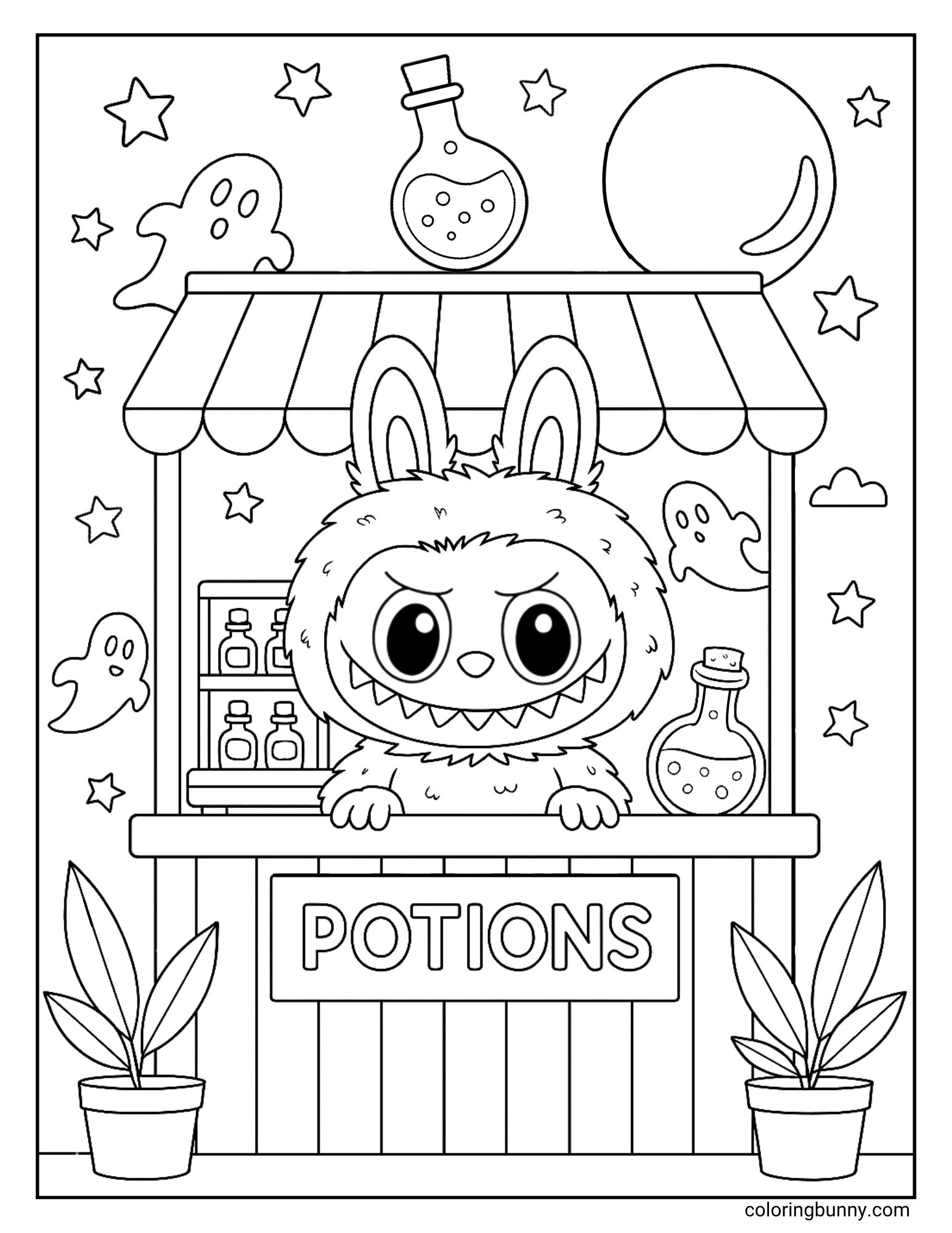 A fun Halloween coloring page of the monster Labubu running a potion stand at night. He has a mischievous grin as he stands behind the counter, which is full of magical bottles. Friendly ghosts float around his stall under a starry sky.