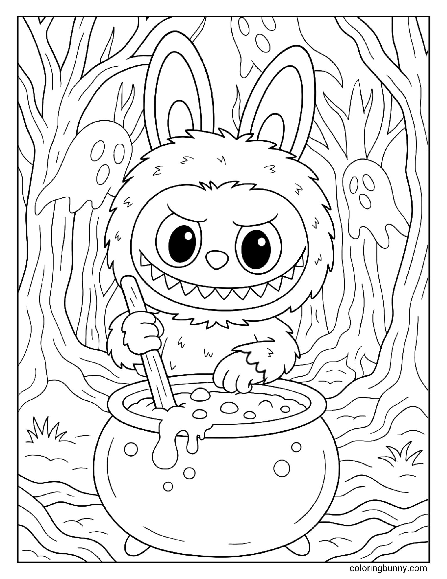 A spooky Halloween coloring page of the monster Labubu brewing a potion in a forest. He has a mischievous look on his face as he stirs a large cauldron, while two spooky ghosts peek out from behind the trees in the background.