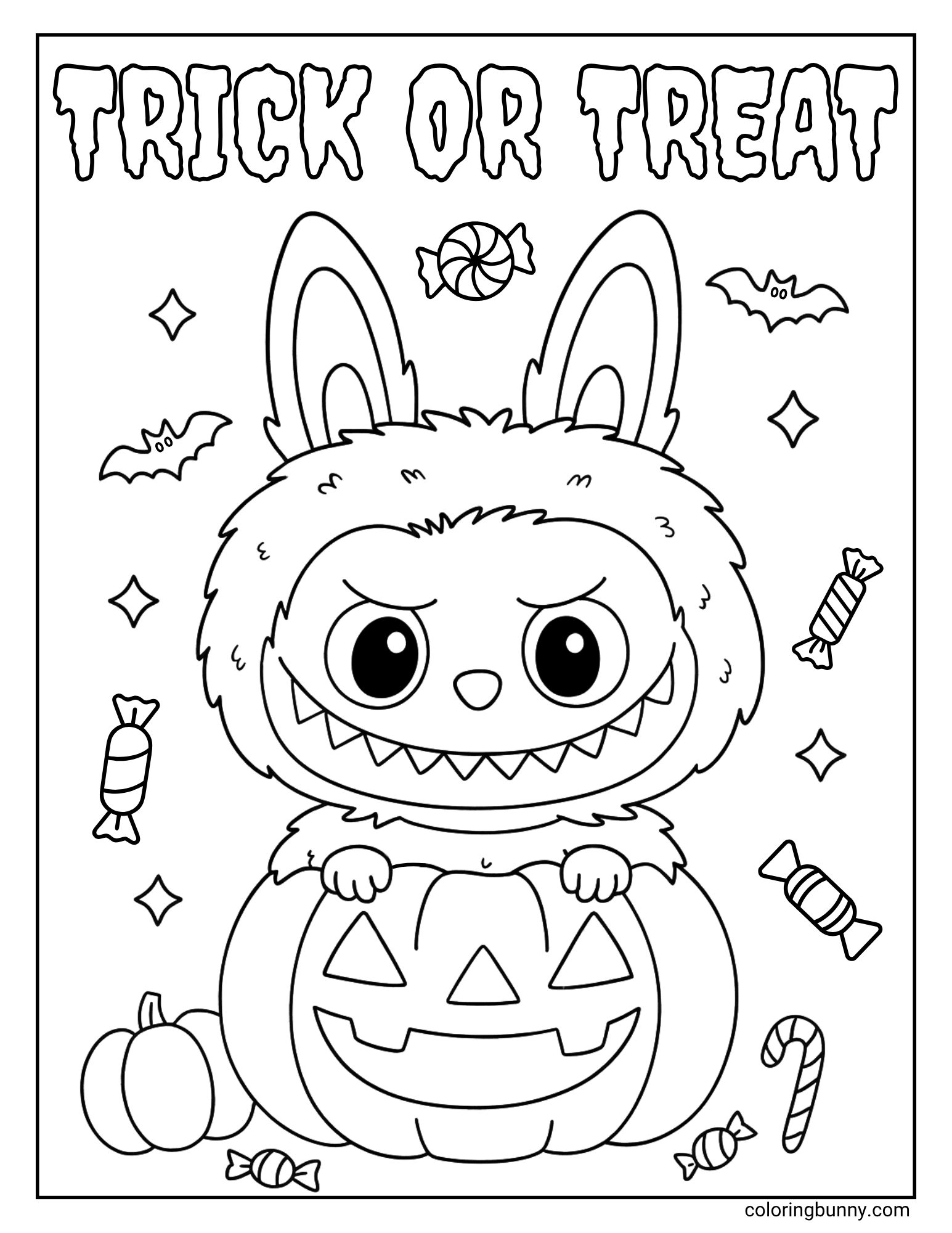 A fun 'Trick or Treat' coloring sheet featuring the monster character Labubu. He has a grumpy, determined expression as he peeks out from behind a giant jack-o'-lantern, which he is using as a candy pail. The background is filled with sweets and bats.