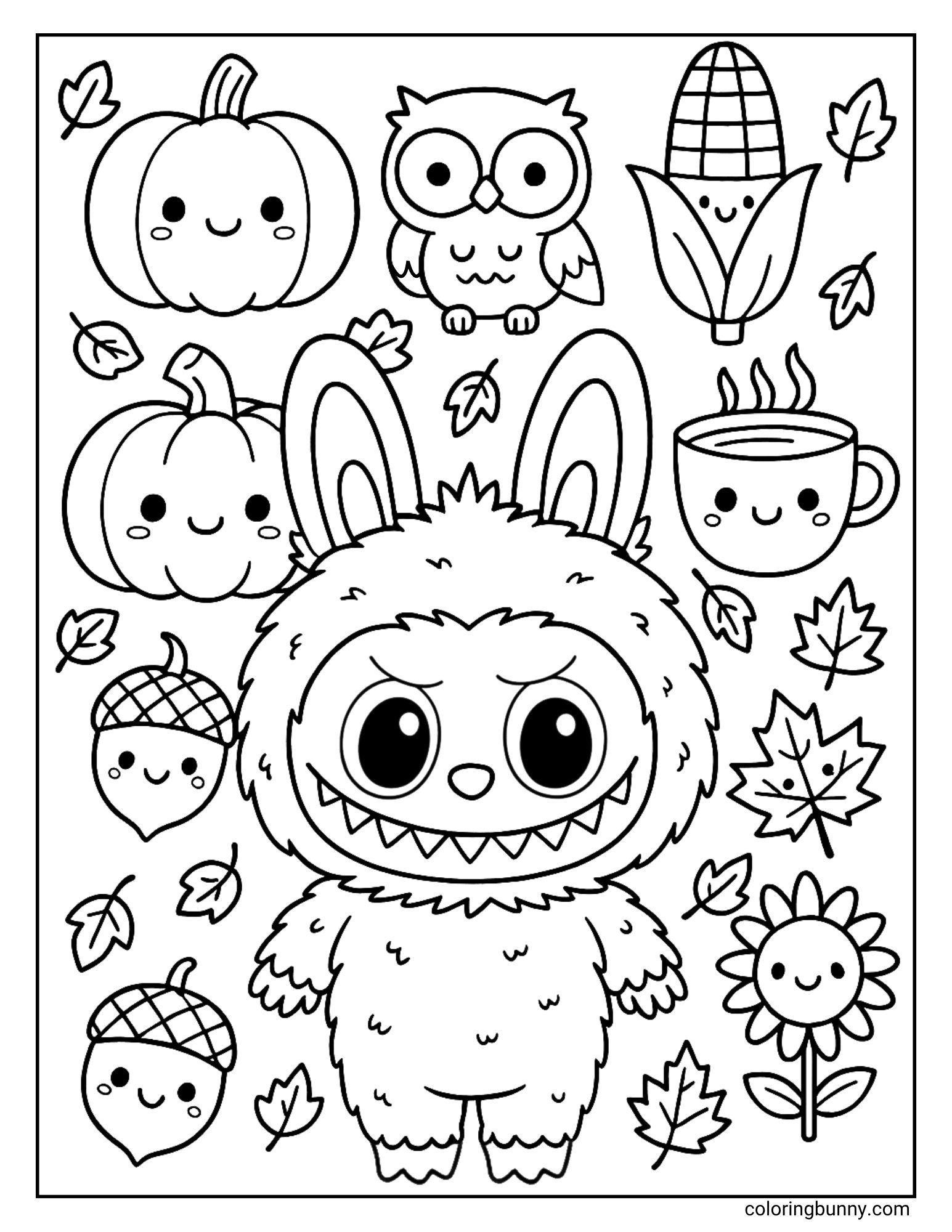 A fun fall coloring page of Labubu surrounded by a collection of cute autumn characters. The doodles include smiling pumpkins, an owl, acorns, an ear of corn, a sunflower, and a mug of a hot drink, all with happy faces.