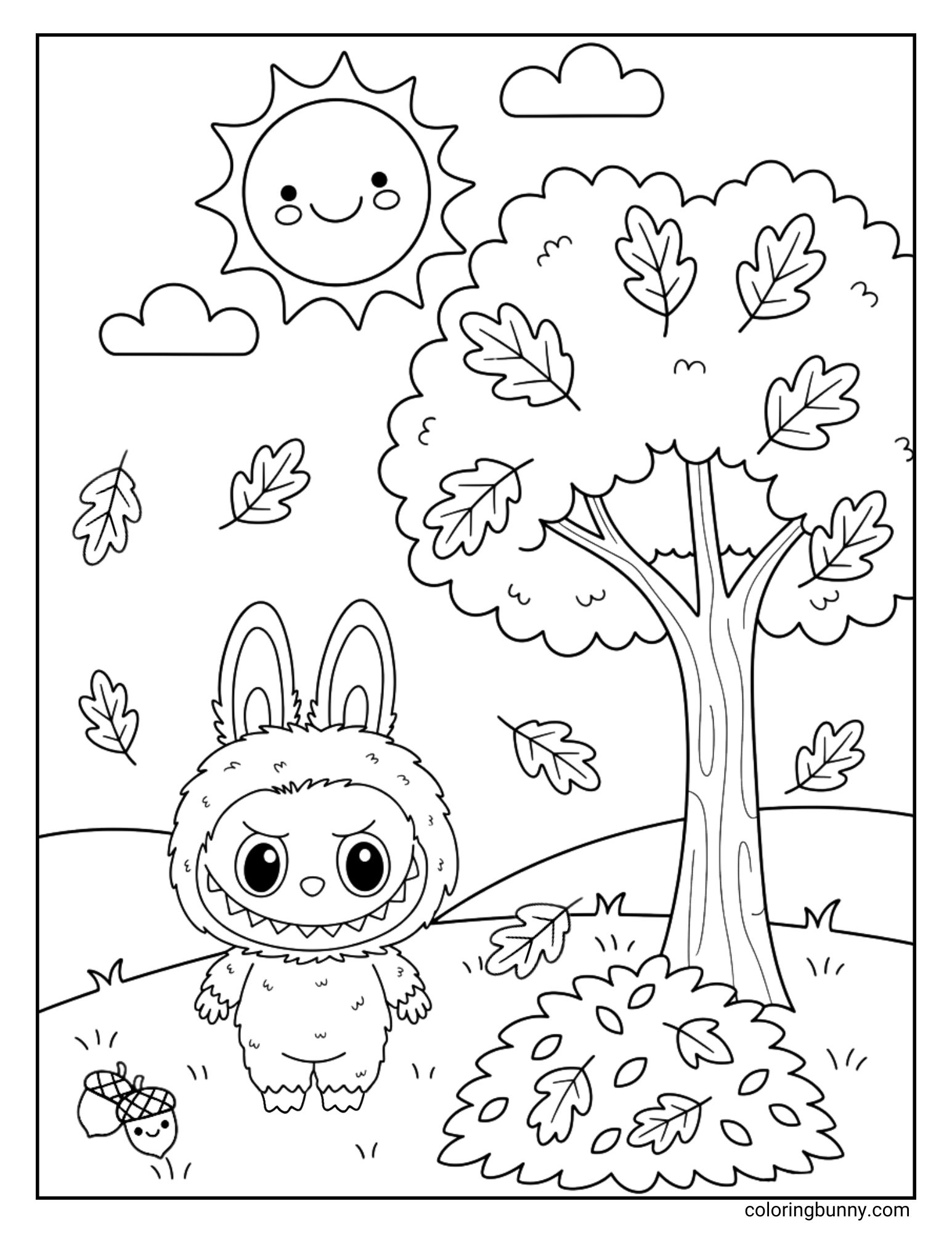 Cute Labubu character in a fluffy costume standing under a tree with falling autumn leaves, smiling sun, clouds, and acorns, coloring page.