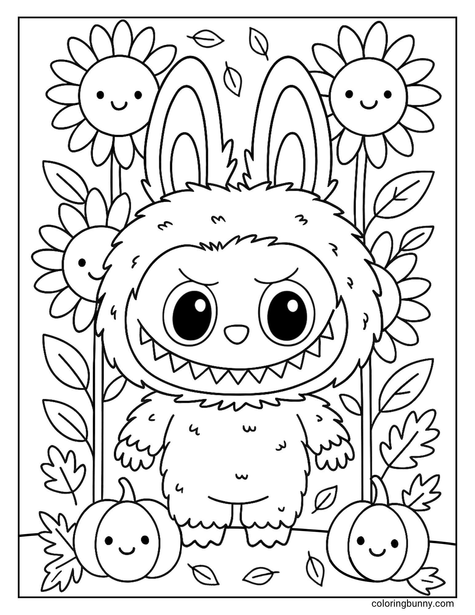 A black and white coloring page of the grumpy monster Labubu standing in a field of giant, happy sunflowers. While Labubu has a pouty face, the sunflowers and two small pumpkins on the ground are all smiling cheerfully, with autumn leaves falling around them.