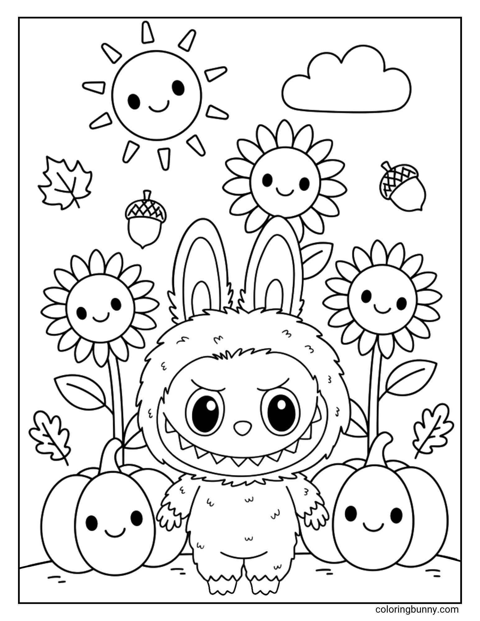 Cute Labubu character standing with pumpkins, smiling sunflowers, acorns, leaves, happy sun, and fluffy clouds in a cheerful fall scene, coloring page.