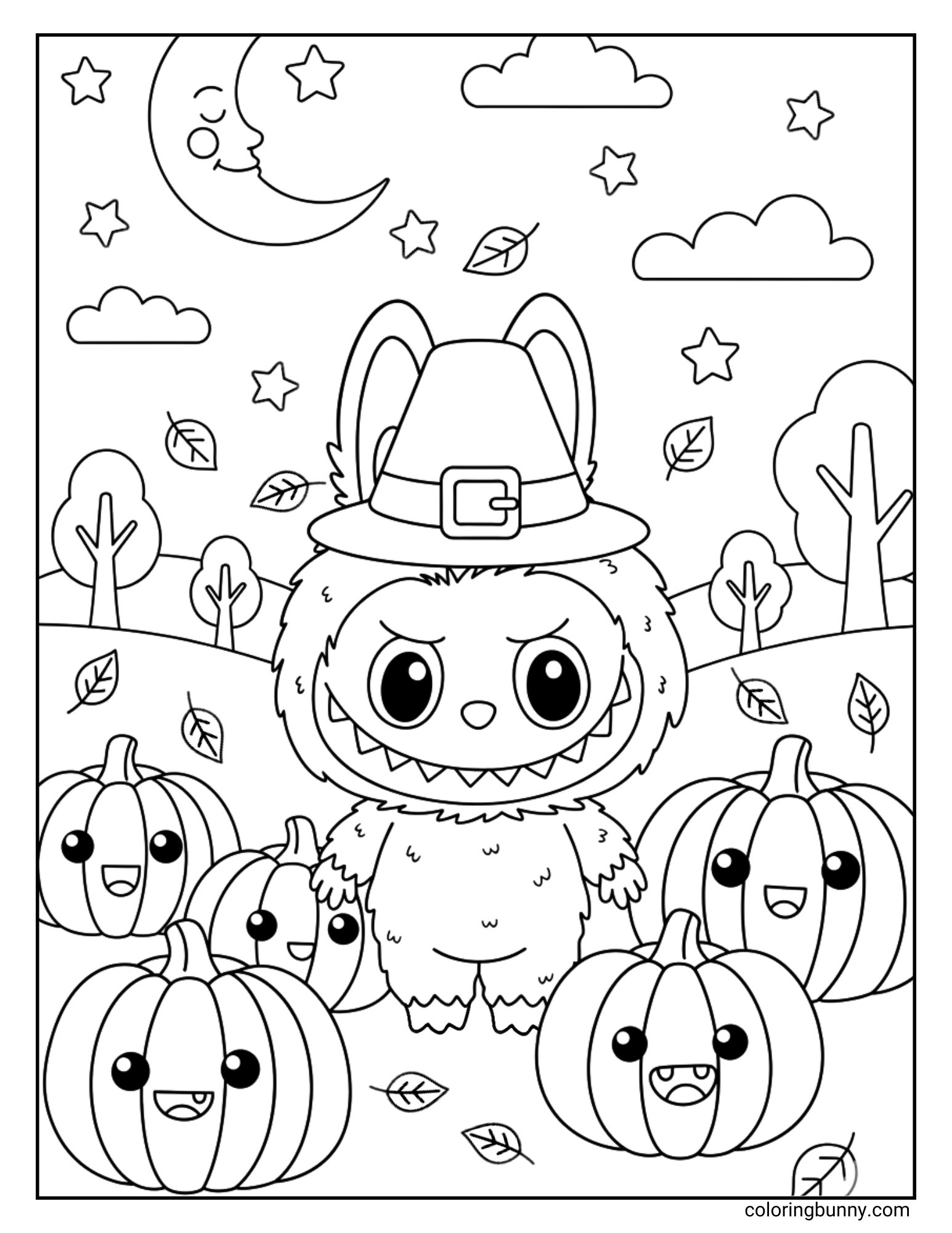 Cute Labubu character wearing a pilgrim hat standing in a fall pumpkin patch with happy pumpkins, autumn leaves, stars, and a crescent moon, coloring page.