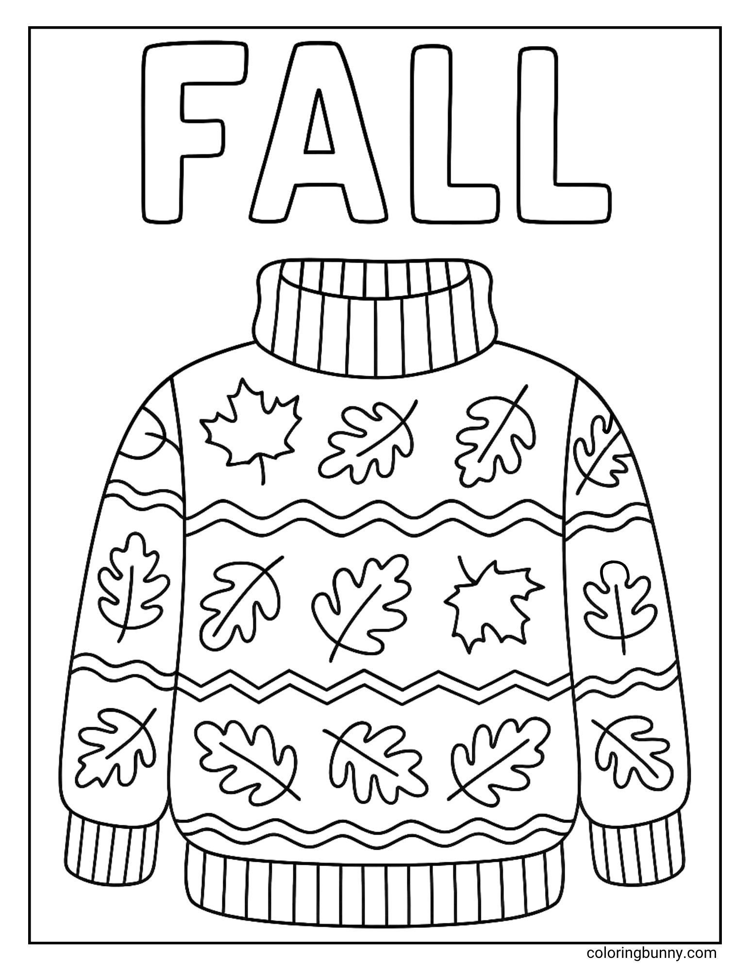 A cozy fall coloring page of a warm turtleneck jumper, with the word 'Fall' at the top. The jumper is decorated with a beautiful pattern of different kinds of autumn leaves and wavy lines, perfect for celebrating the chilly weather.